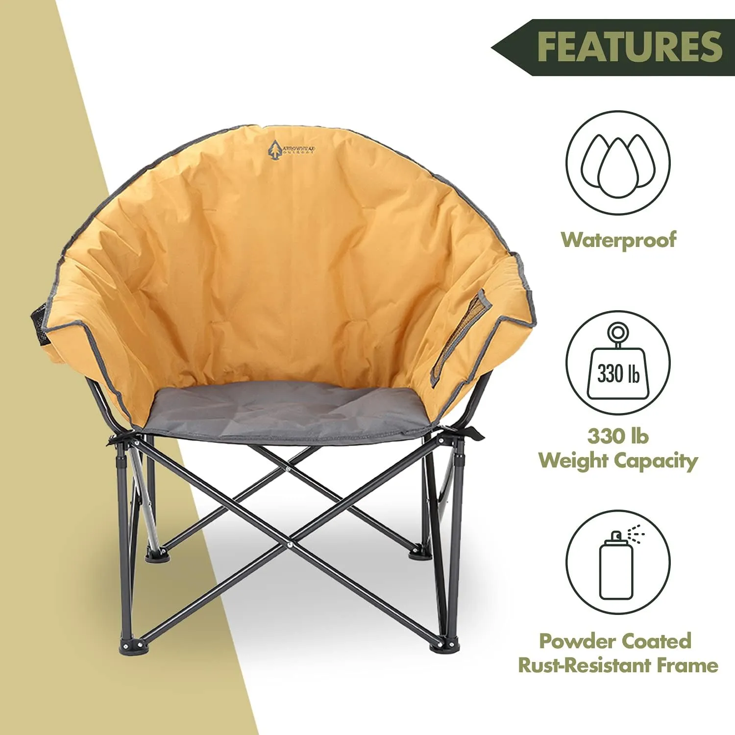 ARROWHEAD OUTDOOR Oversized Heavy-Duty Club Folding Camping Chair w/External Pocket, Cup Holder, Portable, Padded, Moon, Round, Saucer, Supports 330lbs, Carrying Bag, USA-Based Support