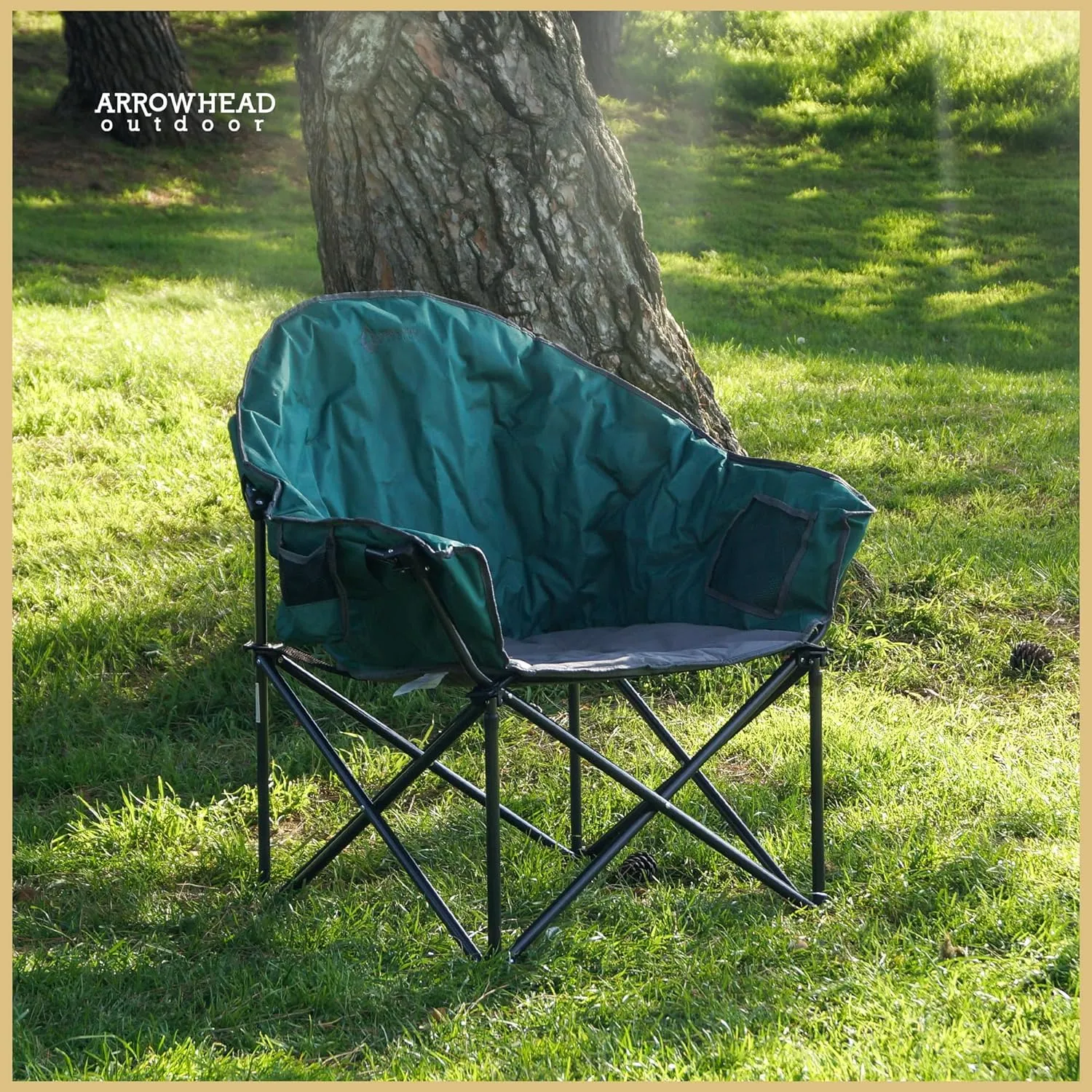 ARROWHEAD OUTDOOR Oversized Heavy-Duty Club Folding Camping Chair w/External Pocket, Cup Holder, Portable, Padded, Moon, Round, Saucer, Supports 330lbs, Carrying Bag, USA-Based Support