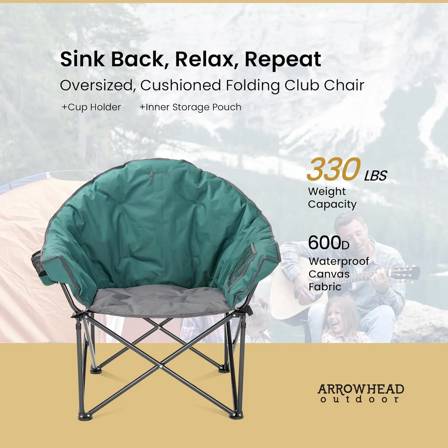 ARROWHEAD OUTDOOR Oversized Heavy-Duty Club Folding Camping Chair w/External Pocket, Cup Holder, Portable, Padded, Moon, Round, Saucer, Supports 330lbs, Carrying Bag, USA-Based Support