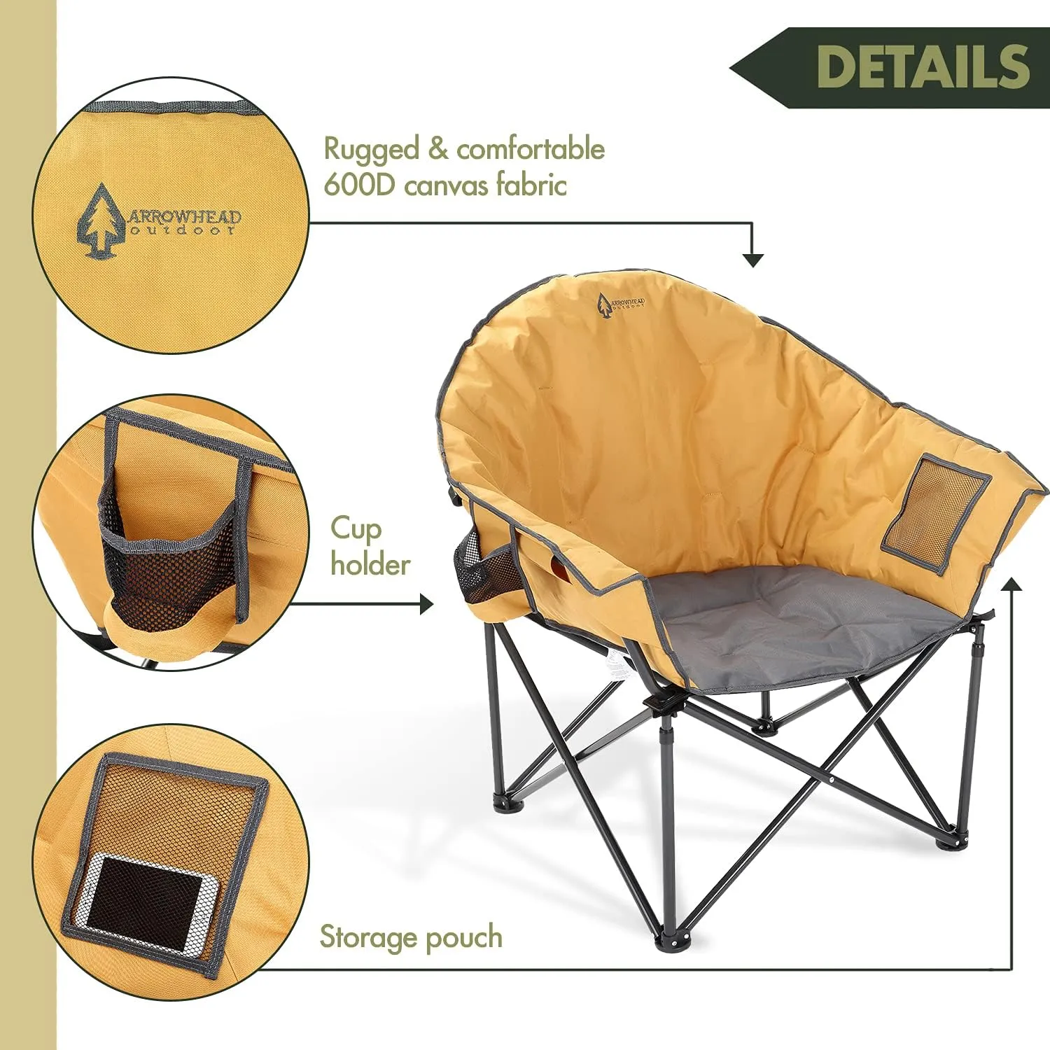 ARROWHEAD OUTDOOR Oversized Heavy-Duty Club Folding Camping Chair w/External Pocket, Cup Holder, Portable, Padded, Moon, Round, Saucer, Supports 330lbs, Carrying Bag, USA-Based Support
