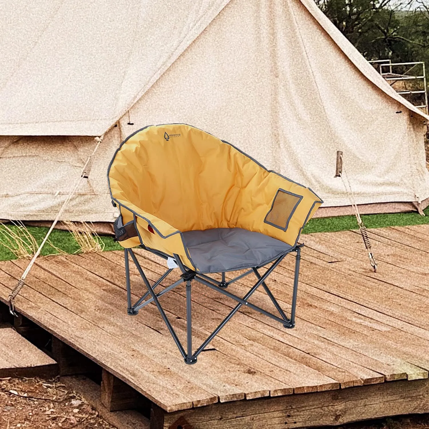 ARROWHEAD OUTDOOR Oversized Heavy-Duty Club Folding Camping Chair w/External Pocket, Cup Holder, Portable, Padded, Moon, Round, Saucer, Supports 330lbs, Carrying Bag, USA-Based Support
