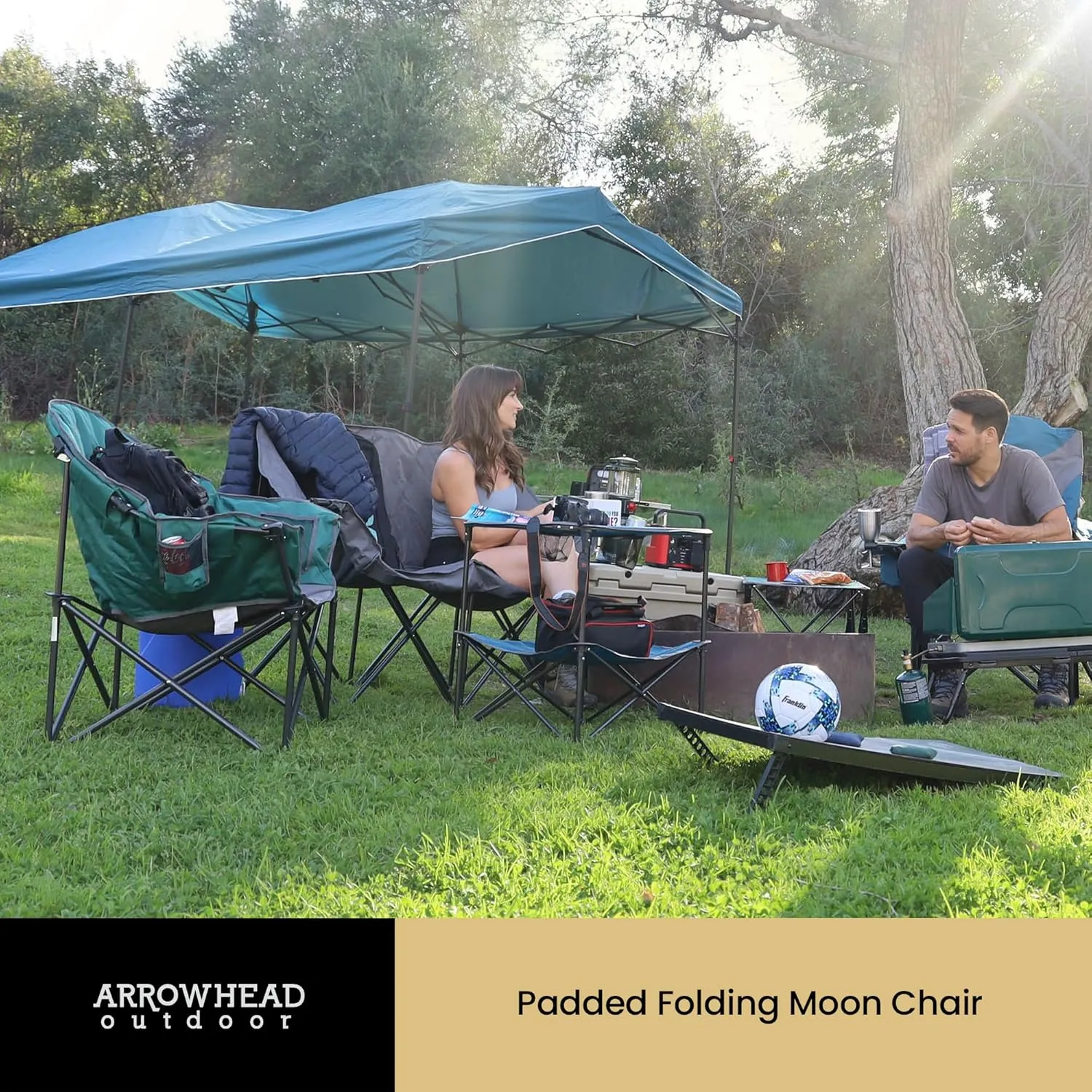 ARROWHEAD OUTDOOR Oversized Heavy-Duty Club Folding Camping Chair w/External Pocket, Cup Holder, Portable, Padded, Moon, Round, Saucer, Supports 330lbs, Carrying Bag, USA-Based Support