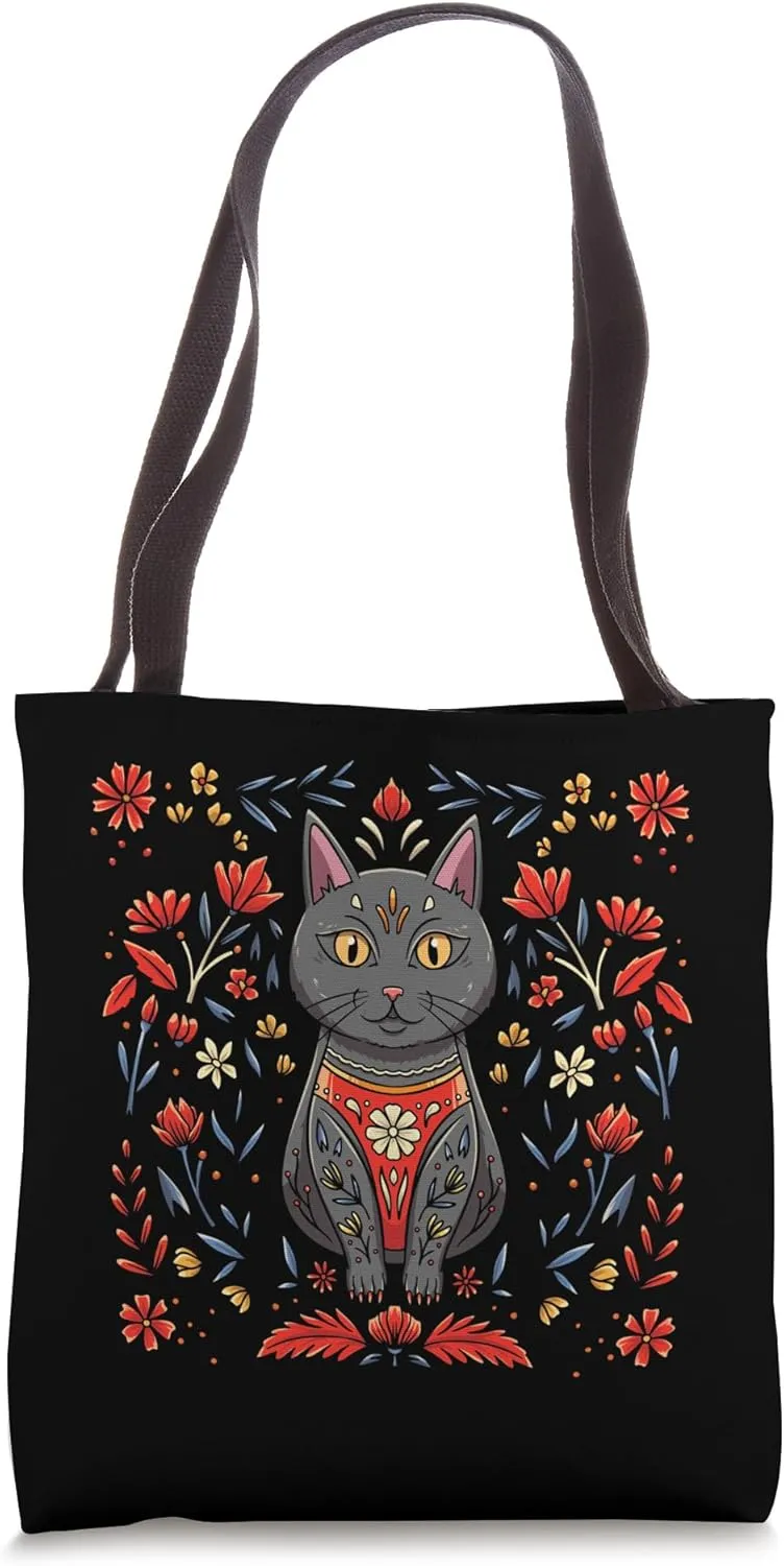 Art Flower Pattern Russian Culture Russian Khokhloma Cat Tote Bag