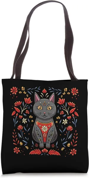 Art Flower Pattern Russian Culture Russian Khokhloma Cat Tote Bag