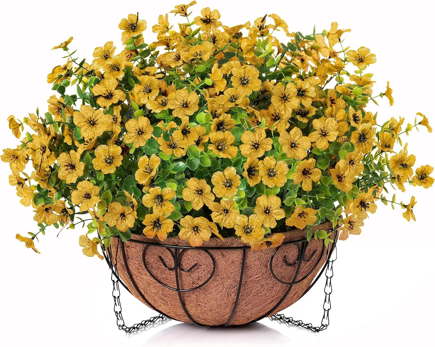 Artificial Fake Fall Hanging Mums Plants Flowers Basket for Outdoor, Autumn Faux Silk Yellow Daisy in Hang Planter Look Real UV Resistant for Porch Home Patio Balcony Yard Decor