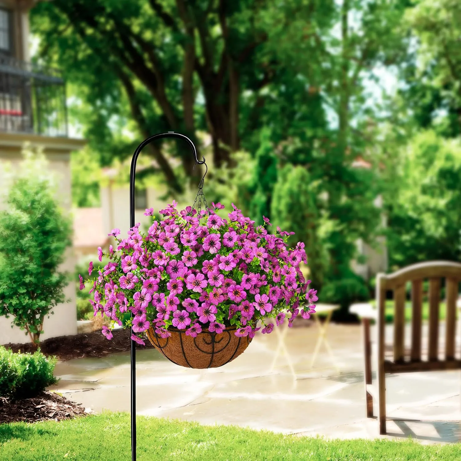 Artificial Faux Hanging Plants Flowers Basket Outdoor Porch Garden Spring Summer Decoration, Fake Silk Daisy in Planter Realistic UV Resistant for Outside Home Patio Balcony Yard(Purple)