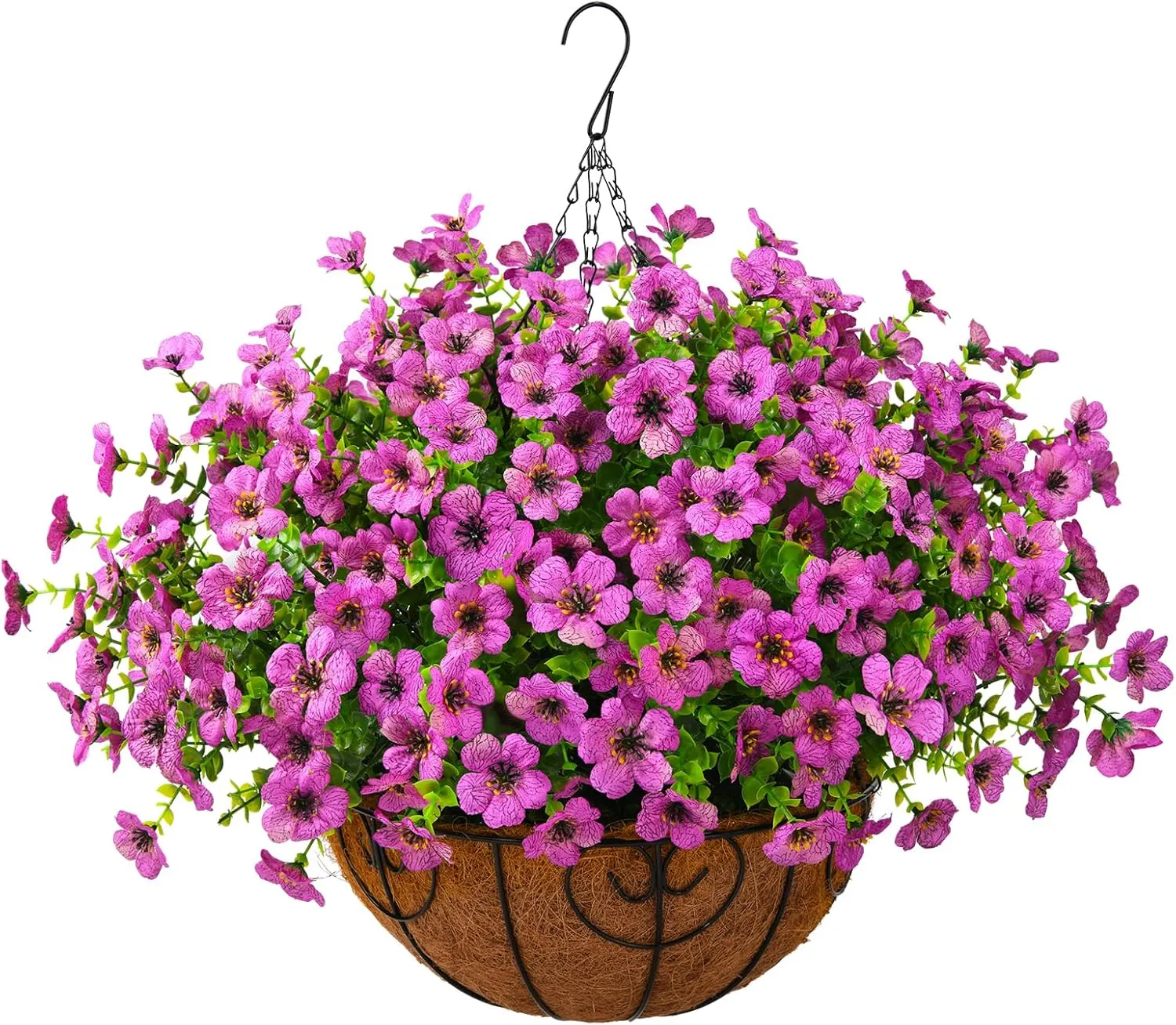 Artificial Faux Hanging Plants Flowers Basket Outdoor Porch Garden Spring Summer Decoration, Fake Silk Daisy in Planter Realistic UV Resistant for Outside Home Patio Balcony Yard(Purple)