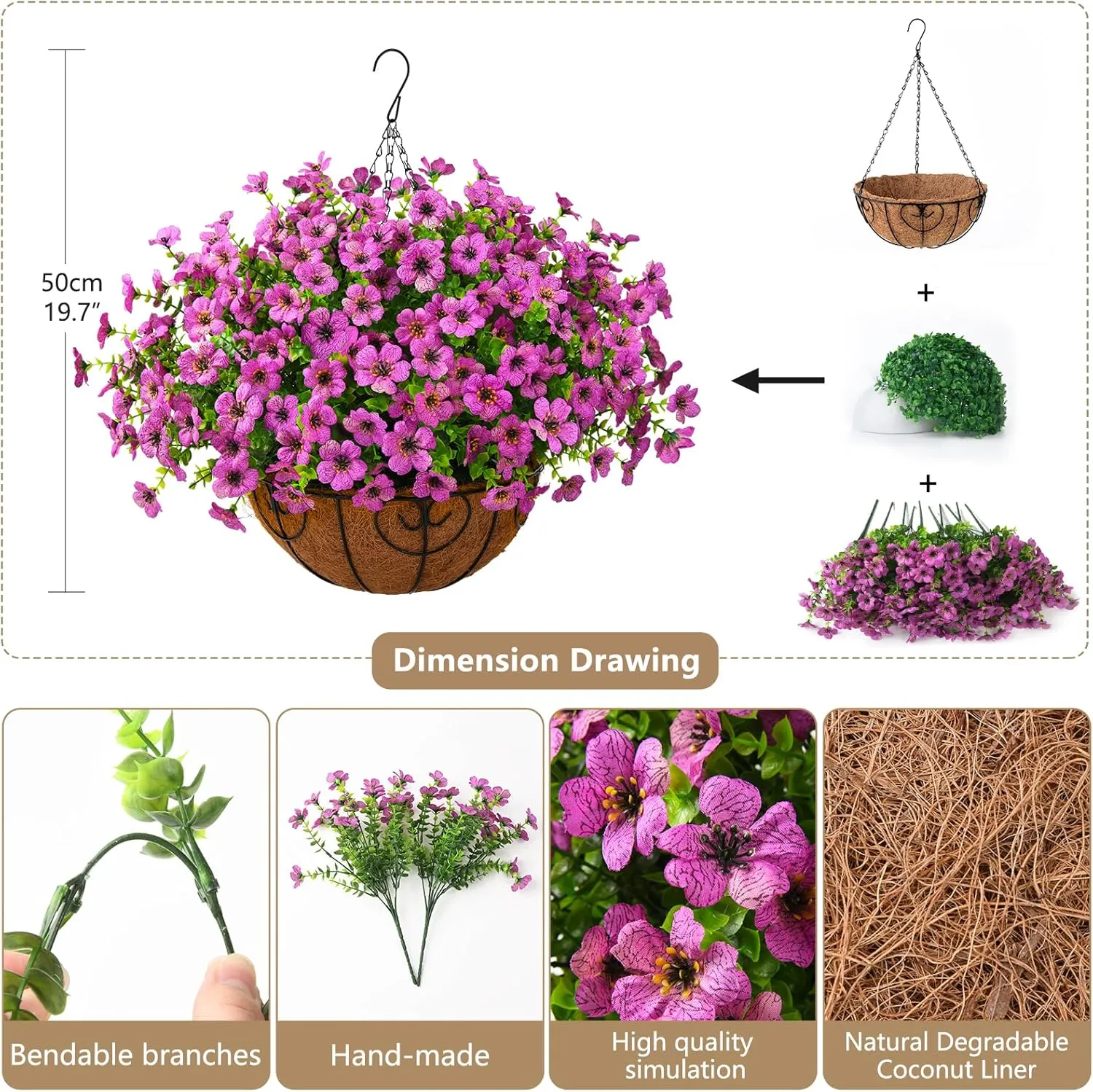 Artificial Faux Hanging Plants Flowers Basket Outdoor Porch Garden Spring Summer Decoration, Fake Silk Daisy in Planter Realistic UV Resistant for Outside Home Patio Balcony Yard(Purple)