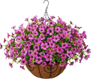 Artificial Faux Hanging Plants Flowers Basket Outdoor Porch Garden Spring Summer Decoration, Fake Silk Daisy in Planter Realistic UV Resistant for Outside Home Patio Balcony Yard(Purple)