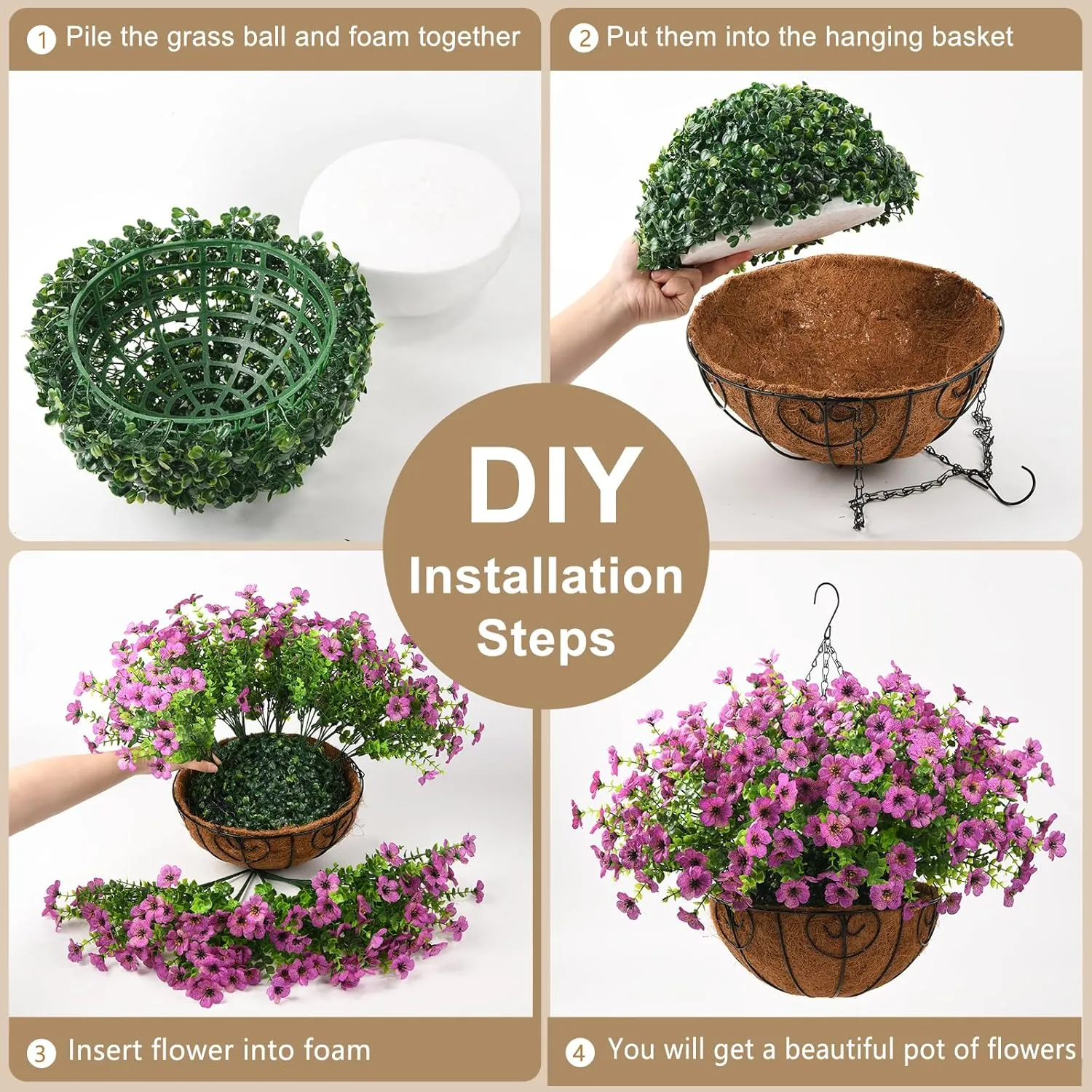 Artificial Faux Hanging Plants Flowers Basket Outdoor Porch Garden Spring Summer Decoration, Fake Silk Daisy in Planter Realistic UV Resistant for Outside Home Patio Balcony Yard(Purple)