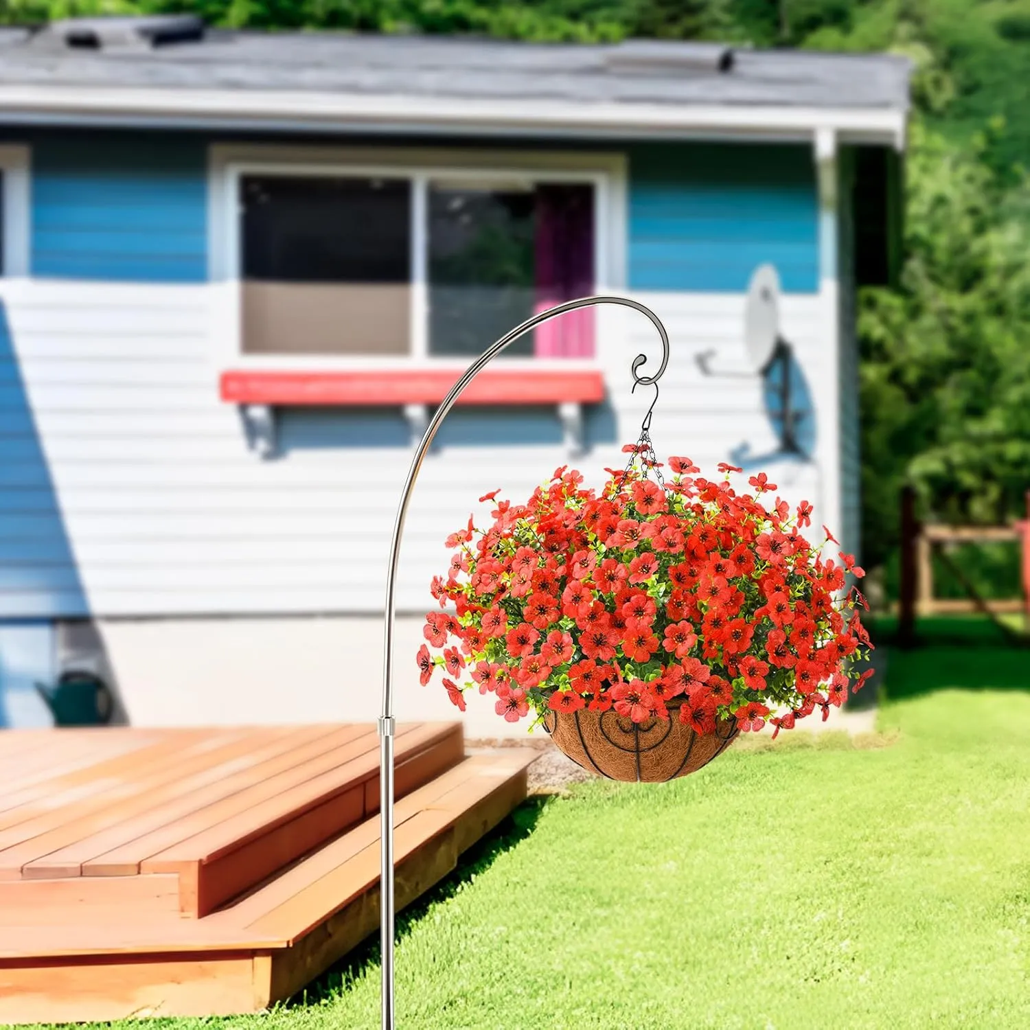 Artificial Faux Hanging Plants Flowers Basket Outdoor Porch Garden Spring Summer Decoration, Fake Silk Daisy in Planter Realistic UV Resistant for Outside Home Patio Balcony Yard(Red)
