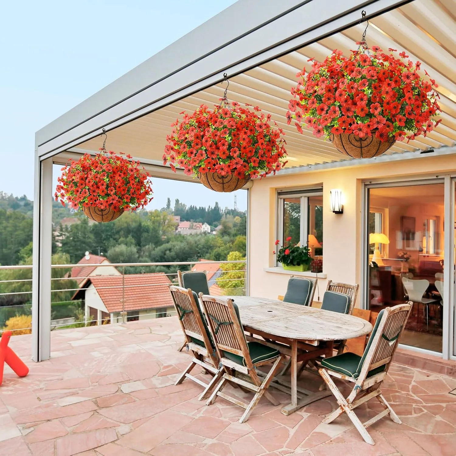 Artificial Faux Hanging Plants Flowers Basket Outdoor Porch Garden Spring Summer Decoration, Fake Silk Daisy in Planter Realistic UV Resistant for Outside Home Patio Balcony Yard(Red)