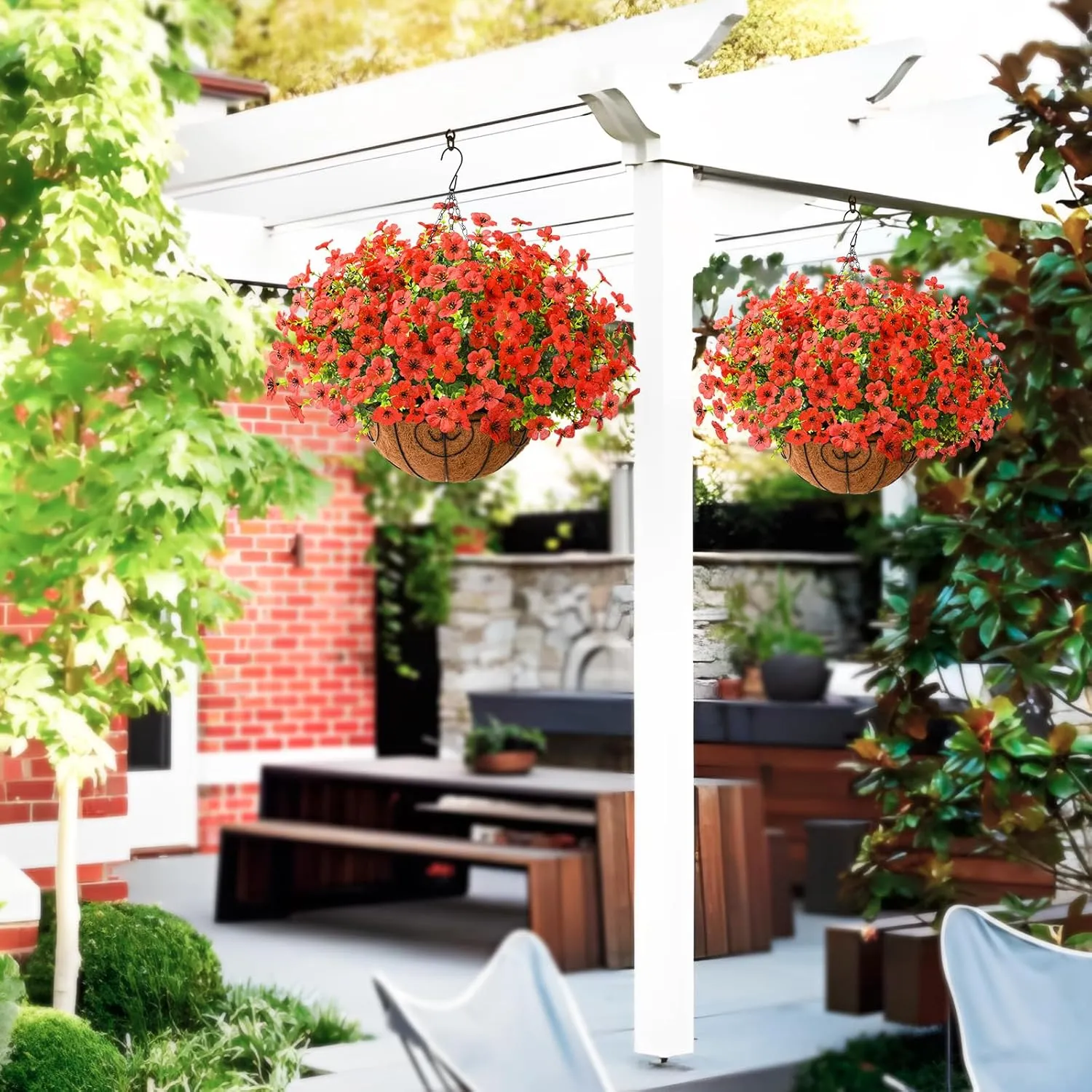 Artificial Faux Hanging Plants Flowers Basket Outdoor Porch Garden Spring Summer Decoration, Fake Silk Daisy in Planter Realistic UV Resistant for Outside Home Patio Balcony Yard(Red)