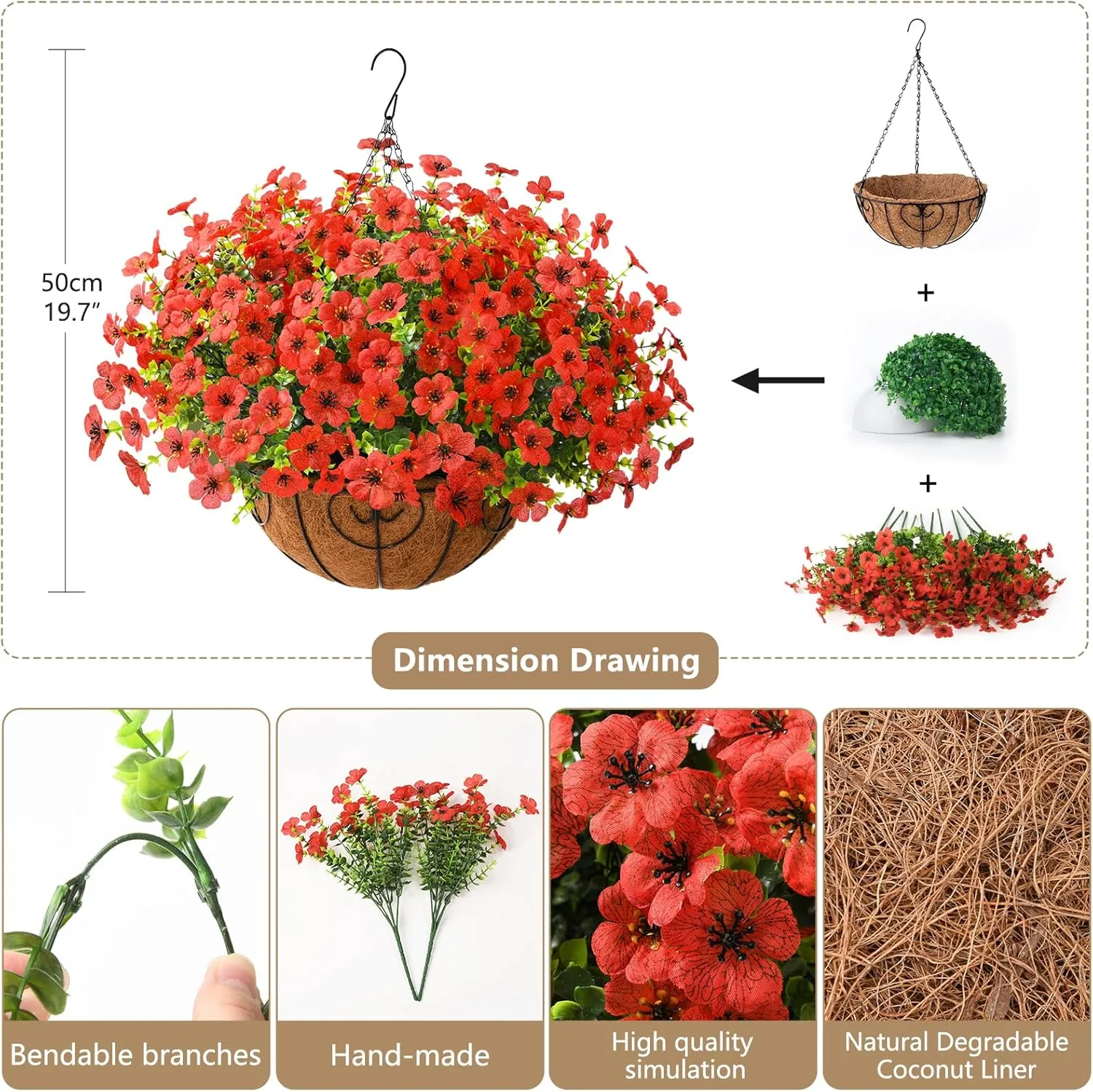 Artificial Faux Hanging Plants Flowers Basket Outdoor Porch Garden Spring Summer Decoration, Fake Silk Daisy in Planter Realistic UV Resistant for Outside Home Patio Balcony Yard(Red)