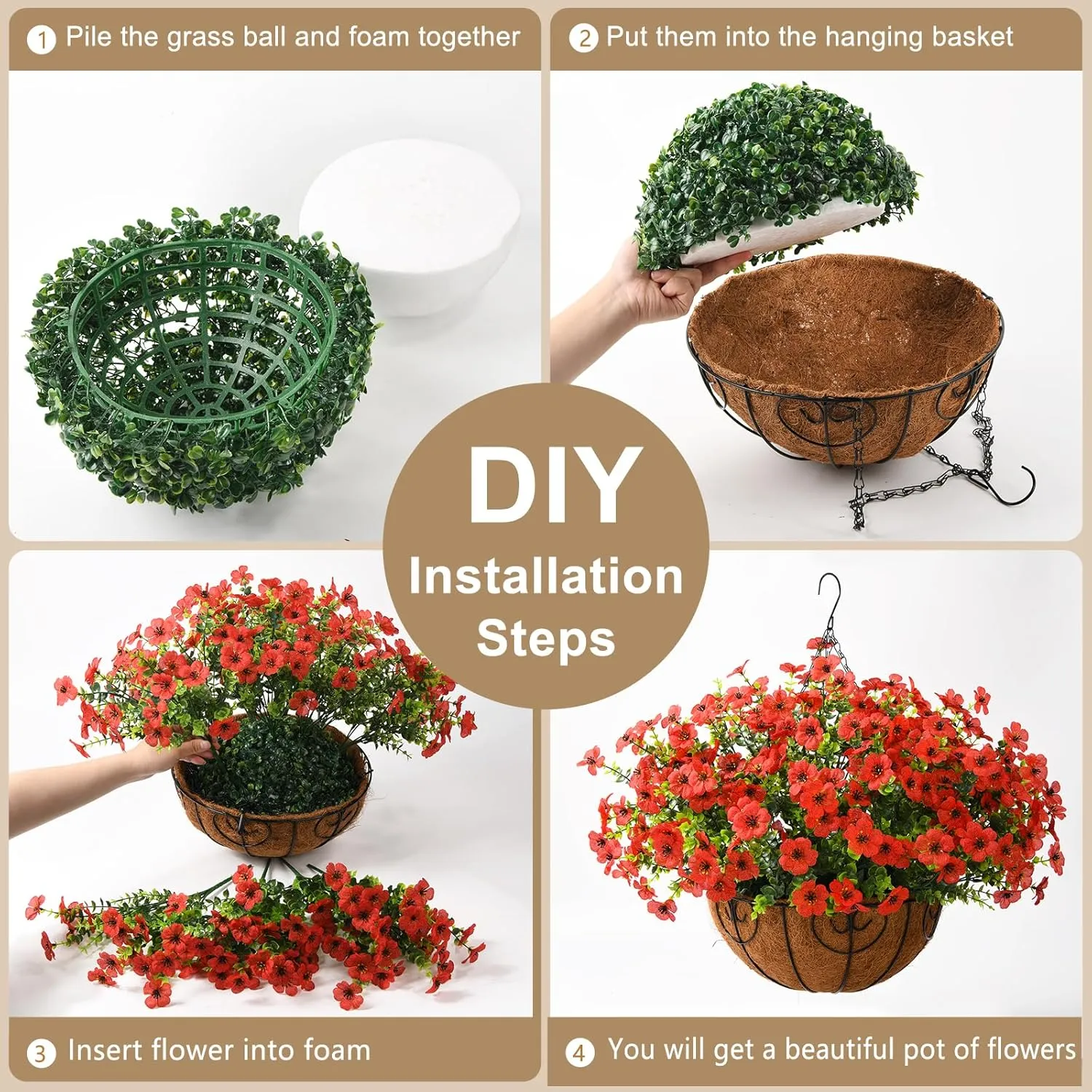Artificial Faux Hanging Plants Flowers Basket Outdoor Porch Garden Spring Summer Decoration, Fake Silk Daisy in Planter Realistic UV Resistant for Outside Home Patio Balcony Yard(Red)