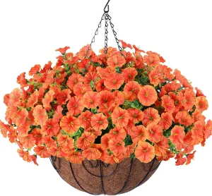 Artificial Hanging Flowers with Basket, Outdoor Faux Plants Silk Morning Glory in Hanging Planters for Outside 12 Bundles UV Resistant Realistic Fake Flower Front Porch Decor Garden Yard Patio, Orange