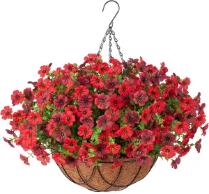 Artificial Silk Flowers Hanging Baskets Outdoors Indoors, Daisy with Eucalyptus Leaves Arrangement for Garden Yard Spring Summer Decor Faux Green Plant Metal Coconut Lining (Brown Red)