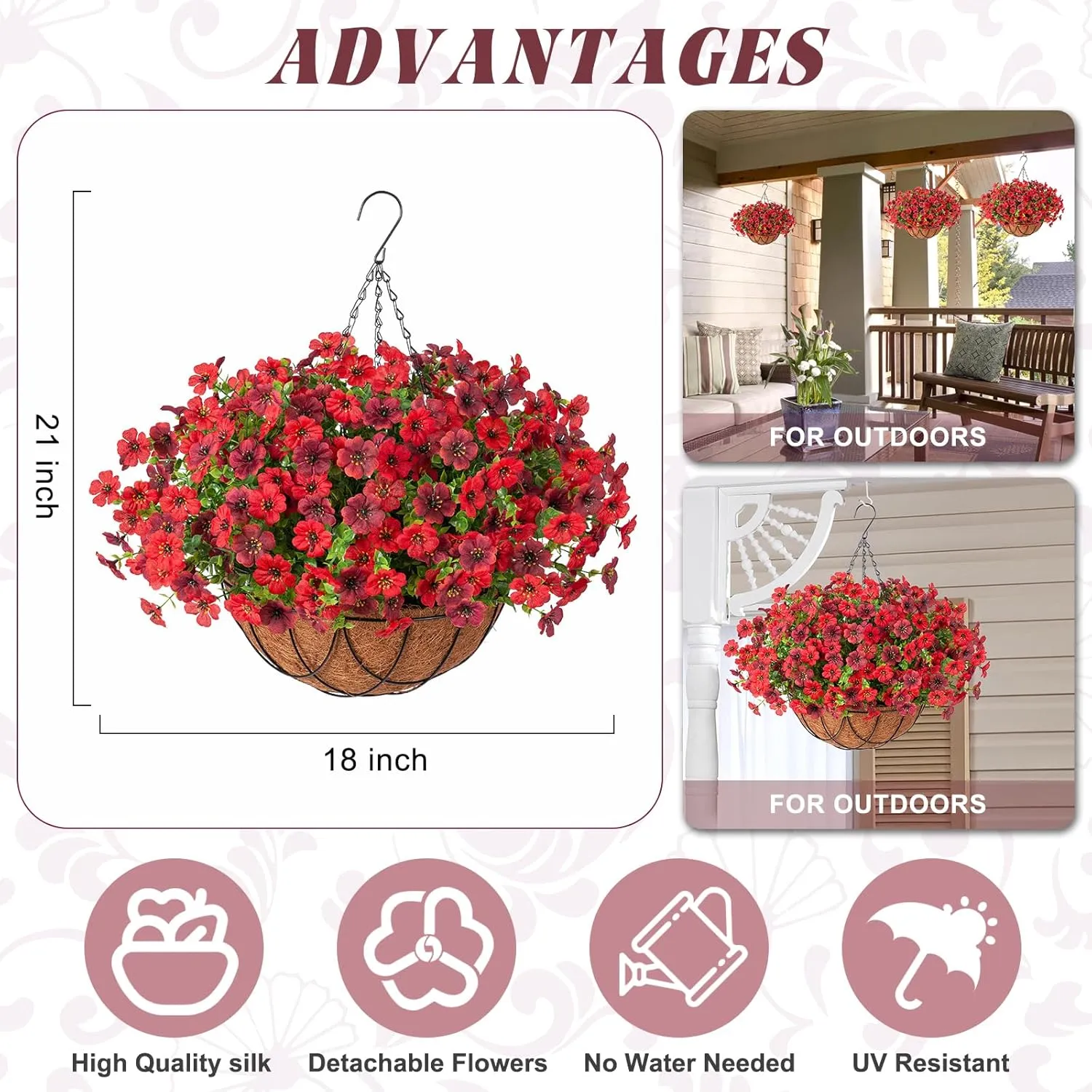 Artificial Silk Flowers Hanging Baskets Outdoors Indoors, Daisy with Eucalyptus Leaves Arrangement for Garden Yard Spring Summer Decor Faux Green Plant Metal Coconut Lining (Brown Red)