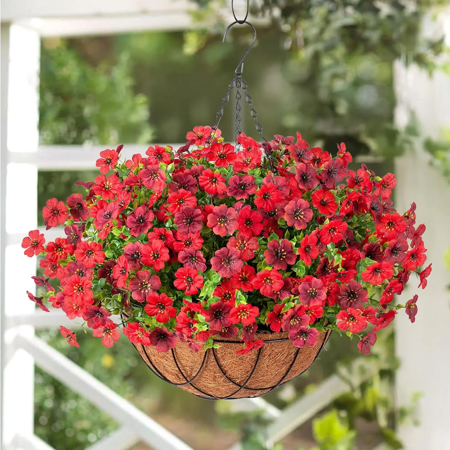Artificial Silk Flowers Hanging Baskets Outdoors Indoors, Daisy with Eucalyptus Leaves Arrangement for Garden Yard Spring Summer Decor Faux Green Plant Metal Coconut Lining (Brown Red)