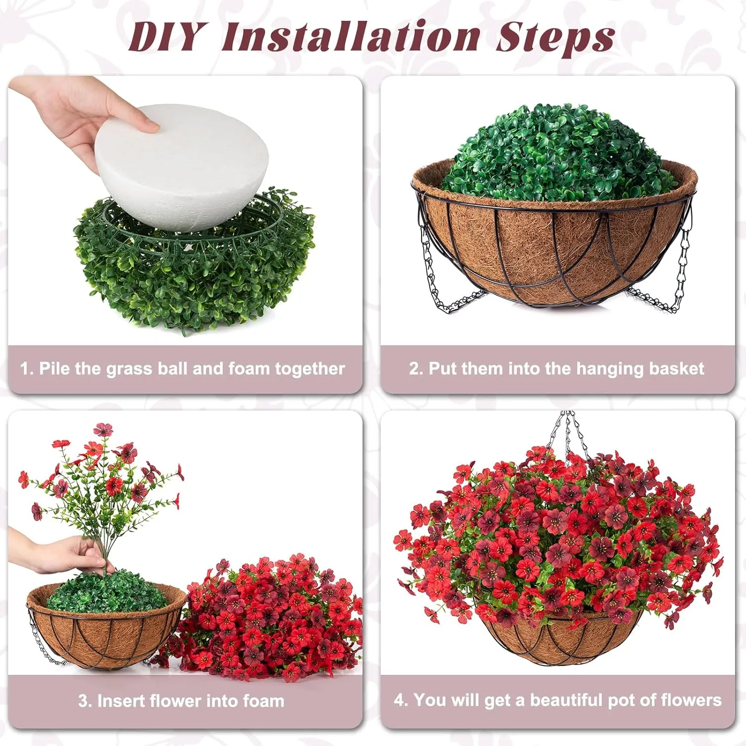 Artificial Silk Flowers Hanging Baskets Outdoors Indoors, Daisy with Eucalyptus Leaves Arrangement for Garden Yard Spring Summer Decor Faux Green Plant Metal Coconut Lining (Brown Red)