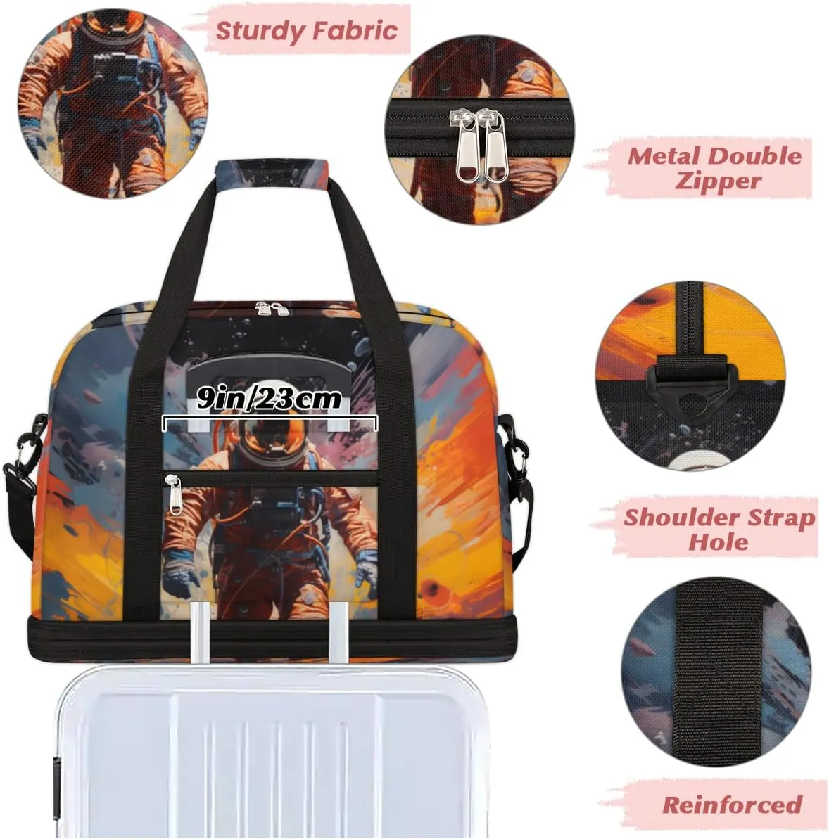 Astronaut Print Foldable Travel Duffel Bag Overnight Weekender Bag with Shoes Compartment Sports Gym Bag for Men Women