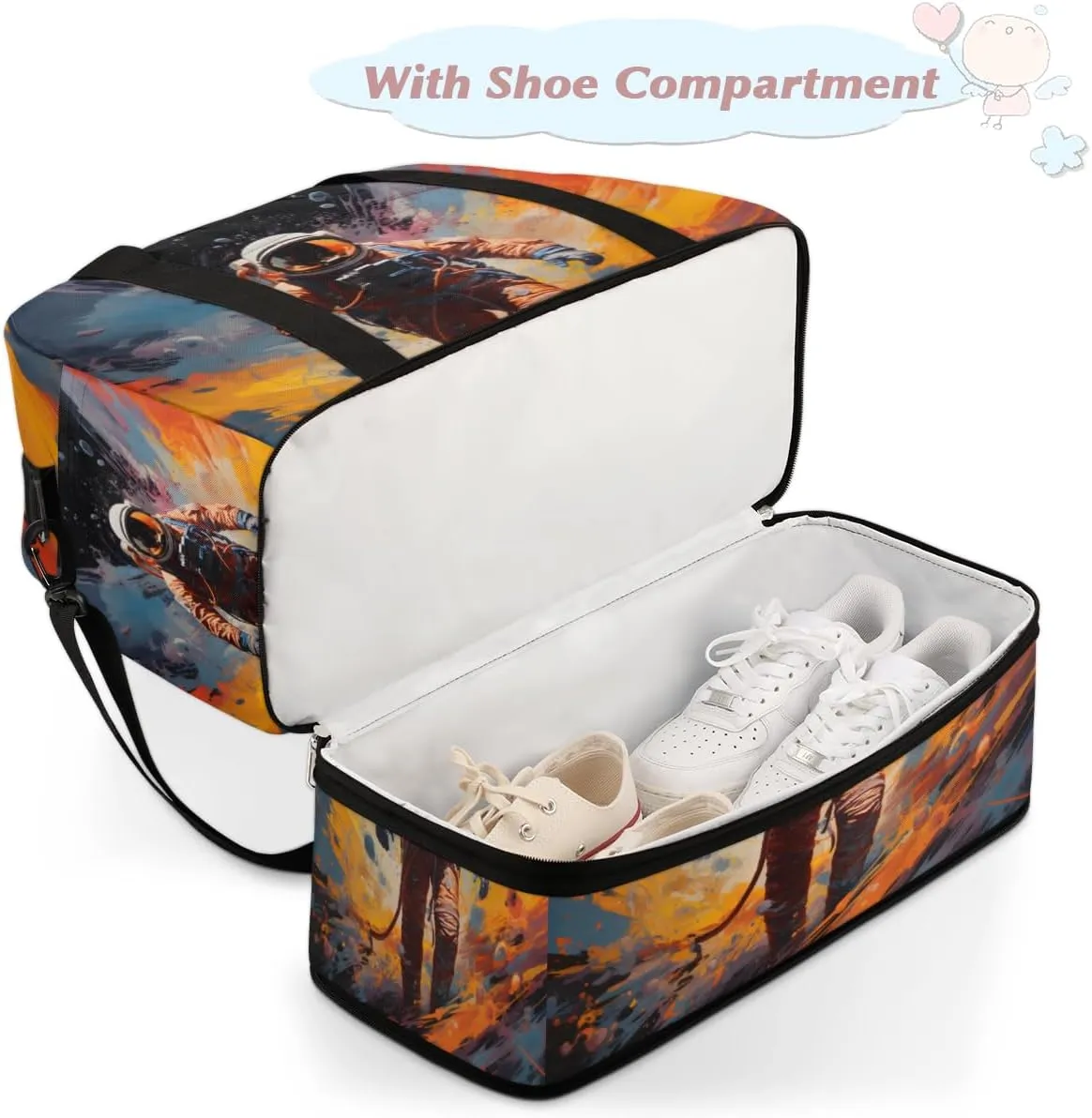 Astronaut Print Foldable Travel Duffel Bag Overnight Weekender Bag with Shoes Compartment Sports Gym Bag for Men Women