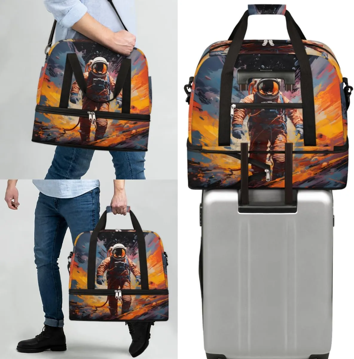 Astronaut Print Foldable Travel Duffel Bag Overnight Weekender Bag with Shoes Compartment Sports Gym Bag for Men Women