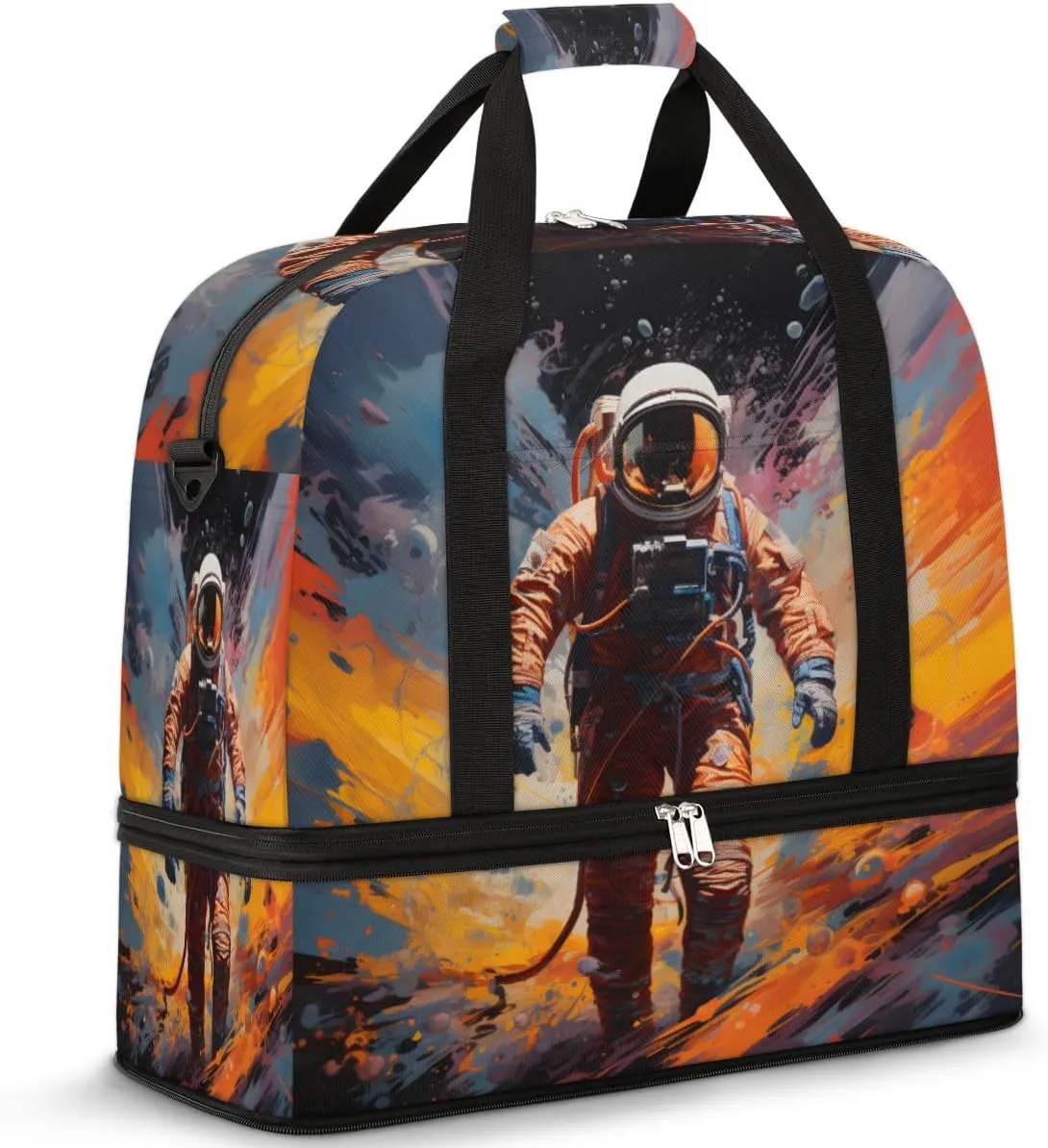 Astronaut Print Foldable Travel Duffel Bag Overnight Weekender Bag with Shoes Compartment Sports Gym Bag for Men Women