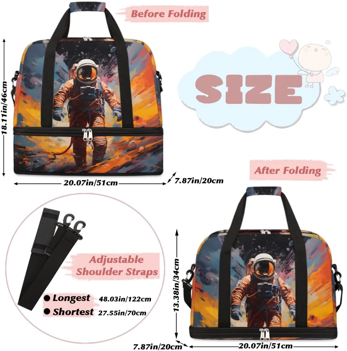 Astronaut Print Foldable Travel Duffel Bag Overnight Weekender Bag with Shoes Compartment Sports Gym Bag for Men Women