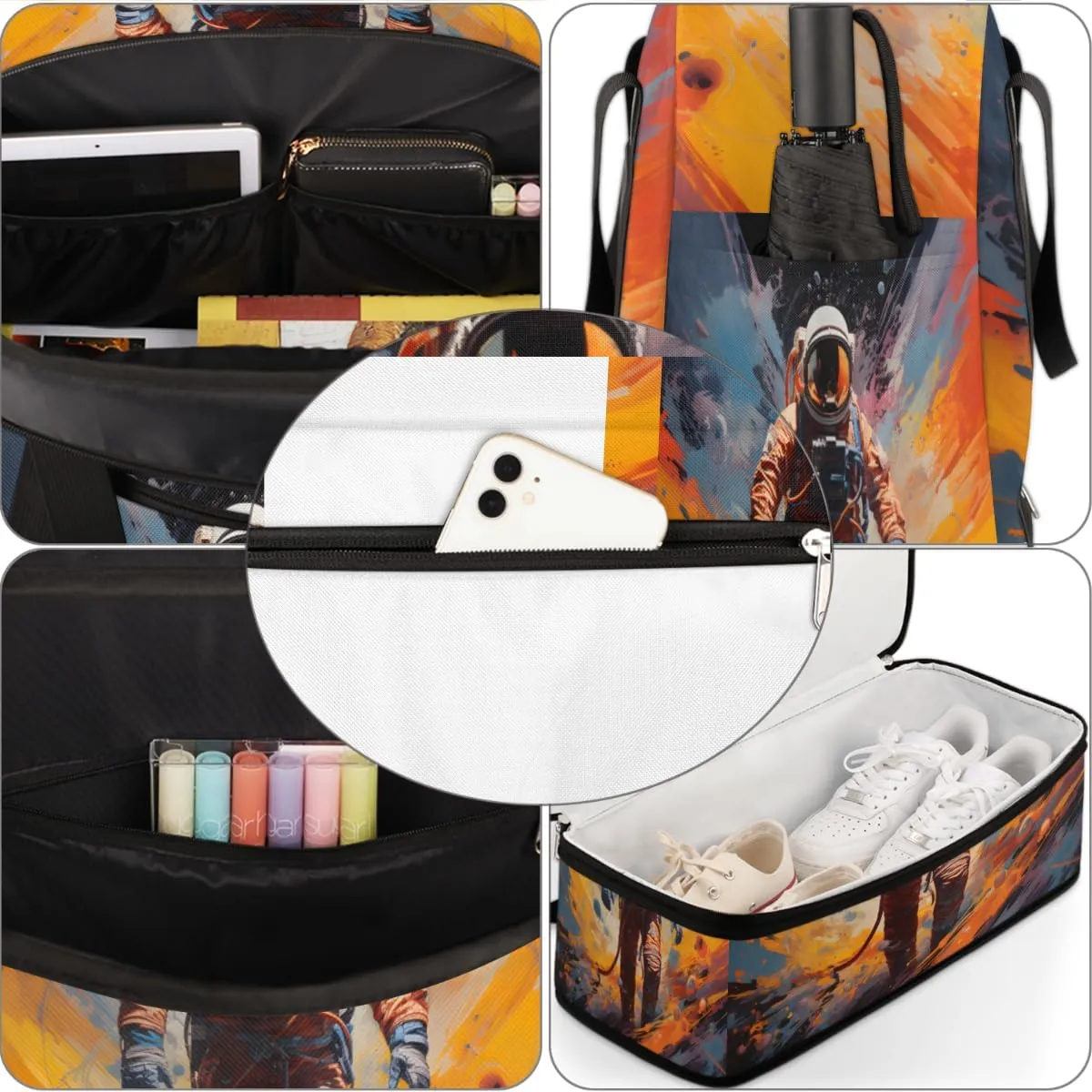 Astronaut Print Foldable Travel Duffel Bag Overnight Weekender Bag with Shoes Compartment Sports Gym Bag for Men Women