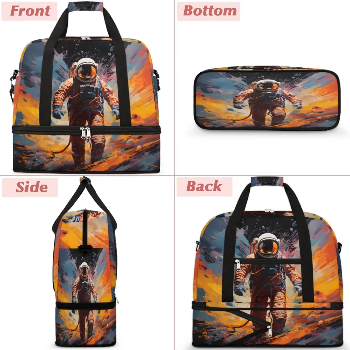 Astronaut Print Foldable Travel Duffel Bag Overnight Weekender Bag with Shoes Compartment Sports Gym Bag for Men Women