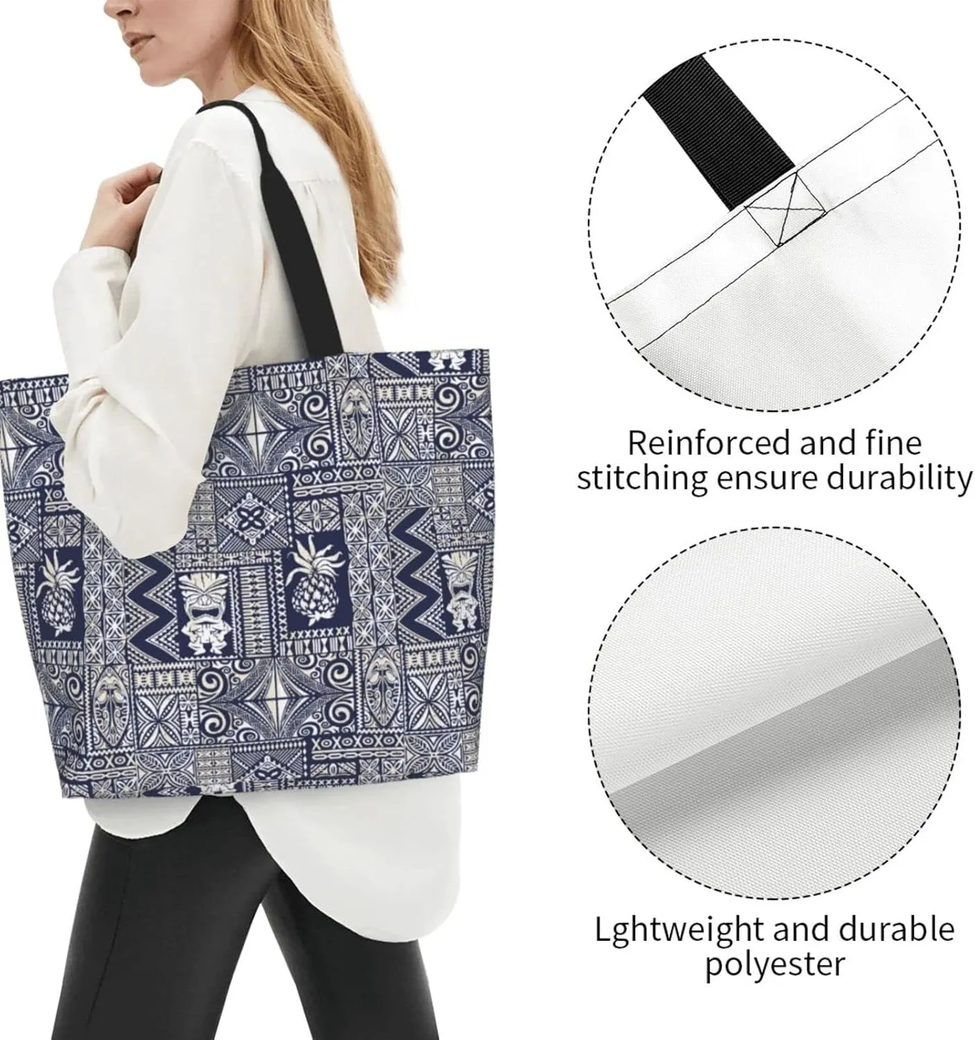 ASYG Hawaiian Flower Tote Shoulder Bag Tribe Pattern Grocery Bags Storage Handle Shopping Bag