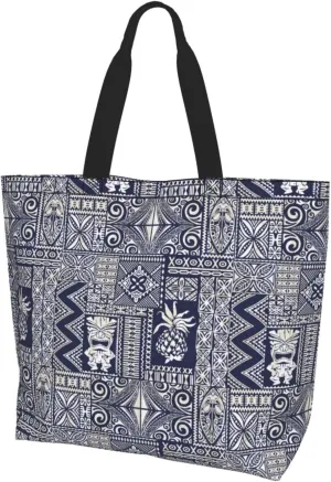 ASYG Hawaiian Flower Tote Shoulder Bag Tribe Pattern Grocery Bags Storage Handle Shopping Bag