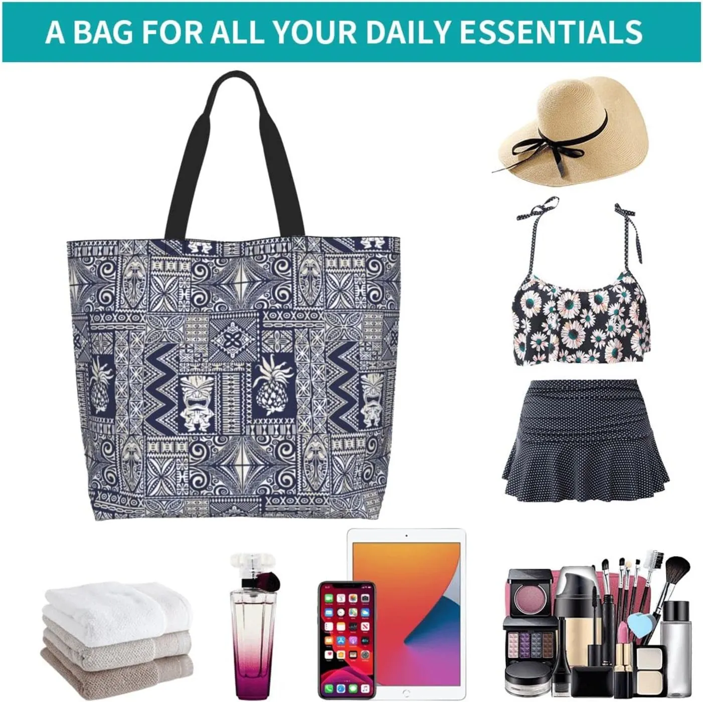 ASYG Hawaiian Flower Tote Shoulder Bag Tribe Pattern Grocery Bags Storage Handle Shopping Bag