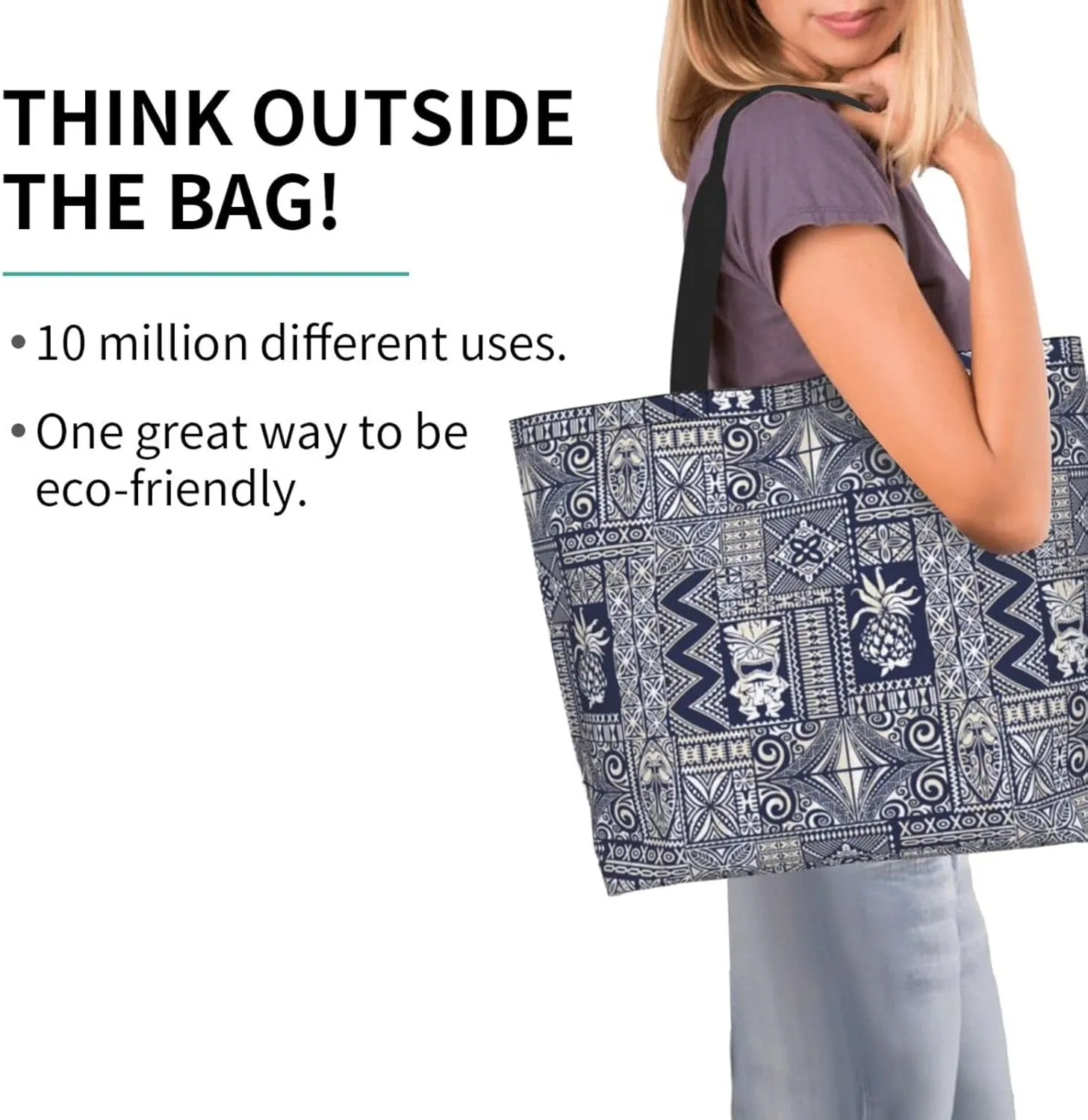 ASYG Hawaiian Flower Tote Shoulder Bag Tribe Pattern Grocery Bags Storage Handle Shopping Bag
