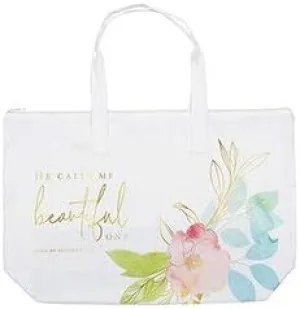 Autom He Calls Me Beautiful One Inspirational Zipper Tote Bag For Women, Heavy Duty Canvas with Handles and Pastel Artwork, Song of Solomon 2:10, 22 x 15 Inches