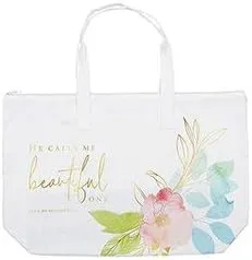 Autom He Calls Me Beautiful One Inspirational Zipper Tote Bag For Women, Heavy Duty Canvas with Handles and Pastel Artwork, Song of Solomon 2:10, 22 x 15 Inches