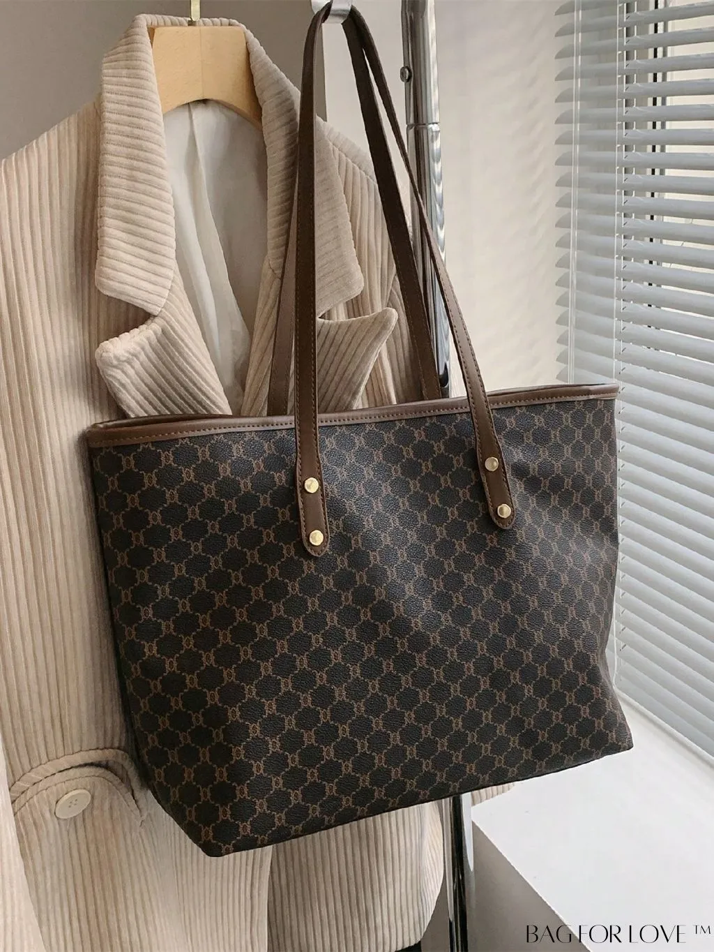 BagForLove - Geometric Pattern Oversized Shoulder Tote Bag with Studded Decor and Double Handle