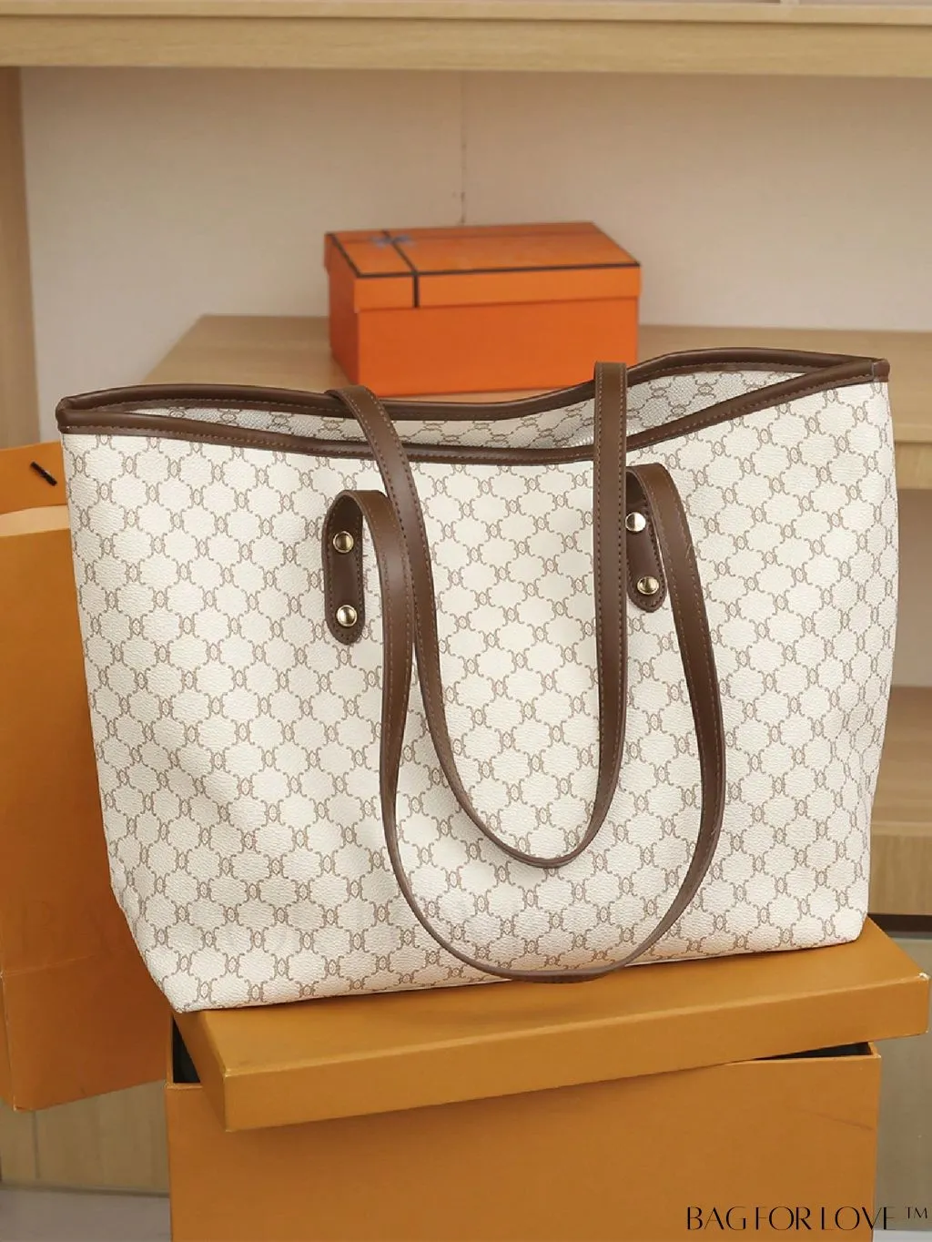 BagForLove - Geometric Pattern Oversized Shoulder Tote Bag with Studded Decor and Double Handle
