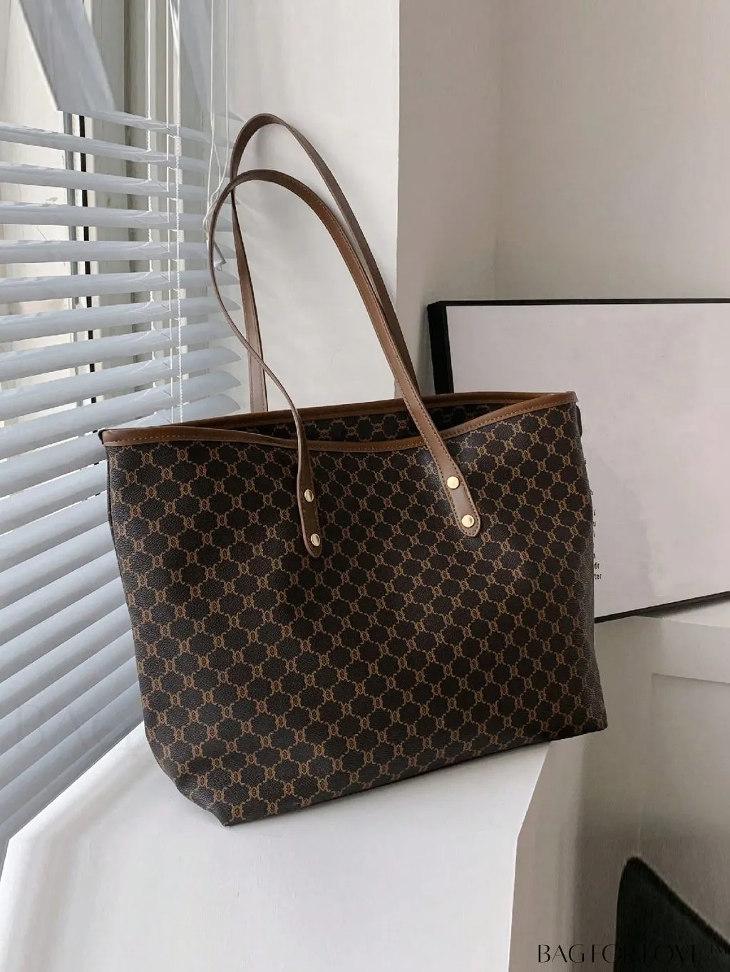 BagForLove - Geometric Pattern Oversized Shoulder Tote Bag with Studded Decor and Double Handle