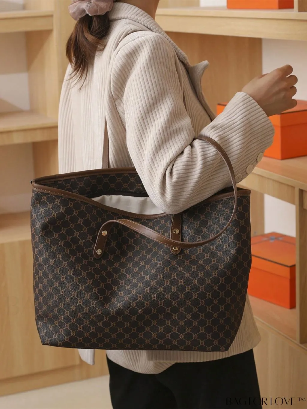 BagForLove - Geometric Pattern Oversized Shoulder Tote Bag with Studded Decor and Double Handle