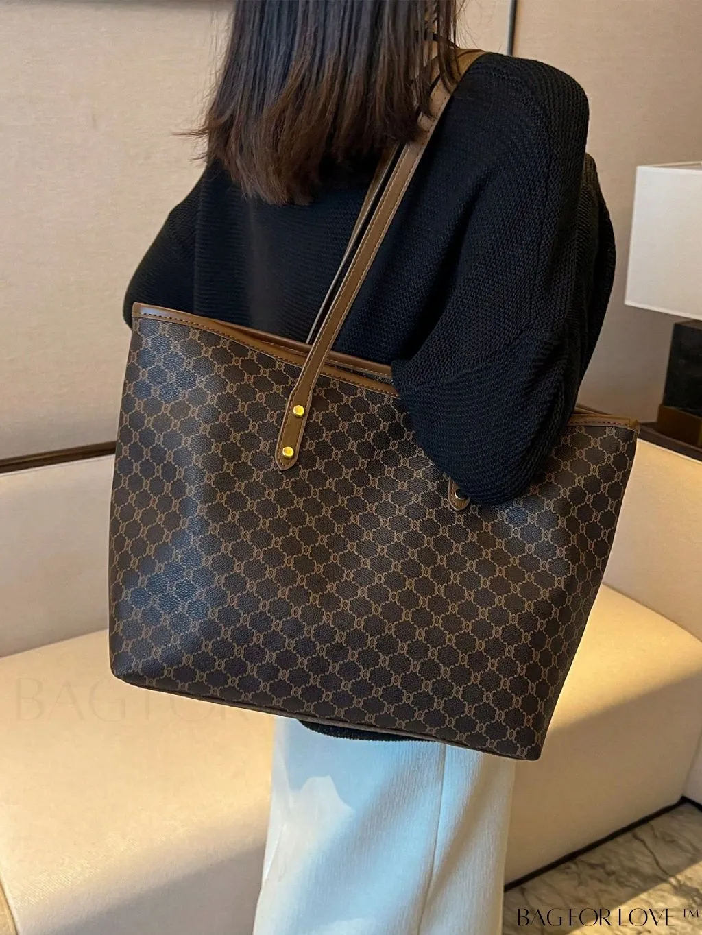 BagForLove - Geometric Pattern Oversized Shoulder Tote Bag with Studded Decor and Double Handle