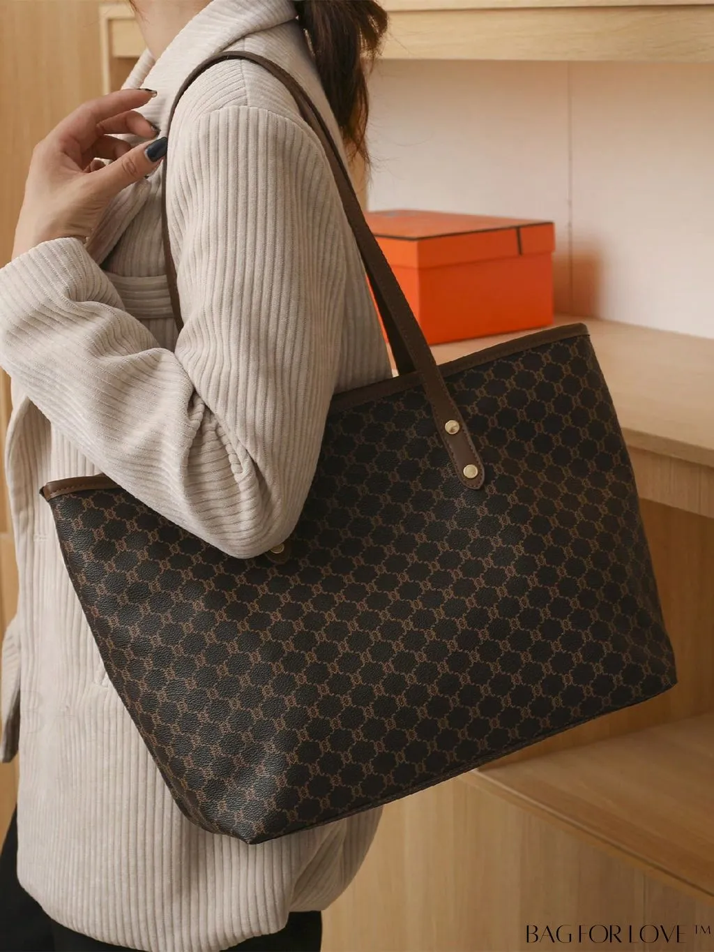 BagForLove - Geometric Pattern Oversized Shoulder Tote Bag with Studded Decor and Double Handle