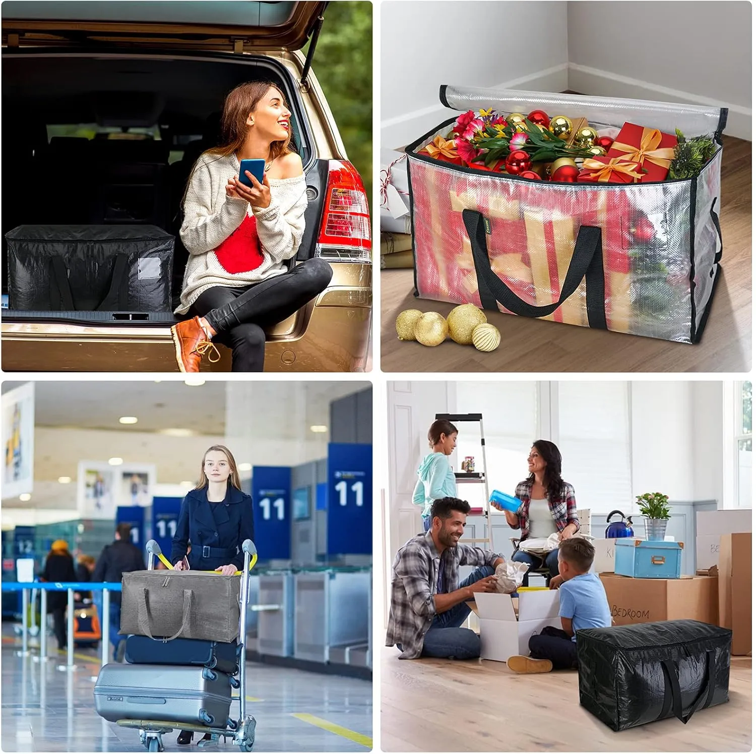 BALEINE 6-Pack Oversized Moving Bags with Reinforced Handles, Heavy-Duty Storage Tote for Clothes, Moving Supplies (Black, 6-Pack)