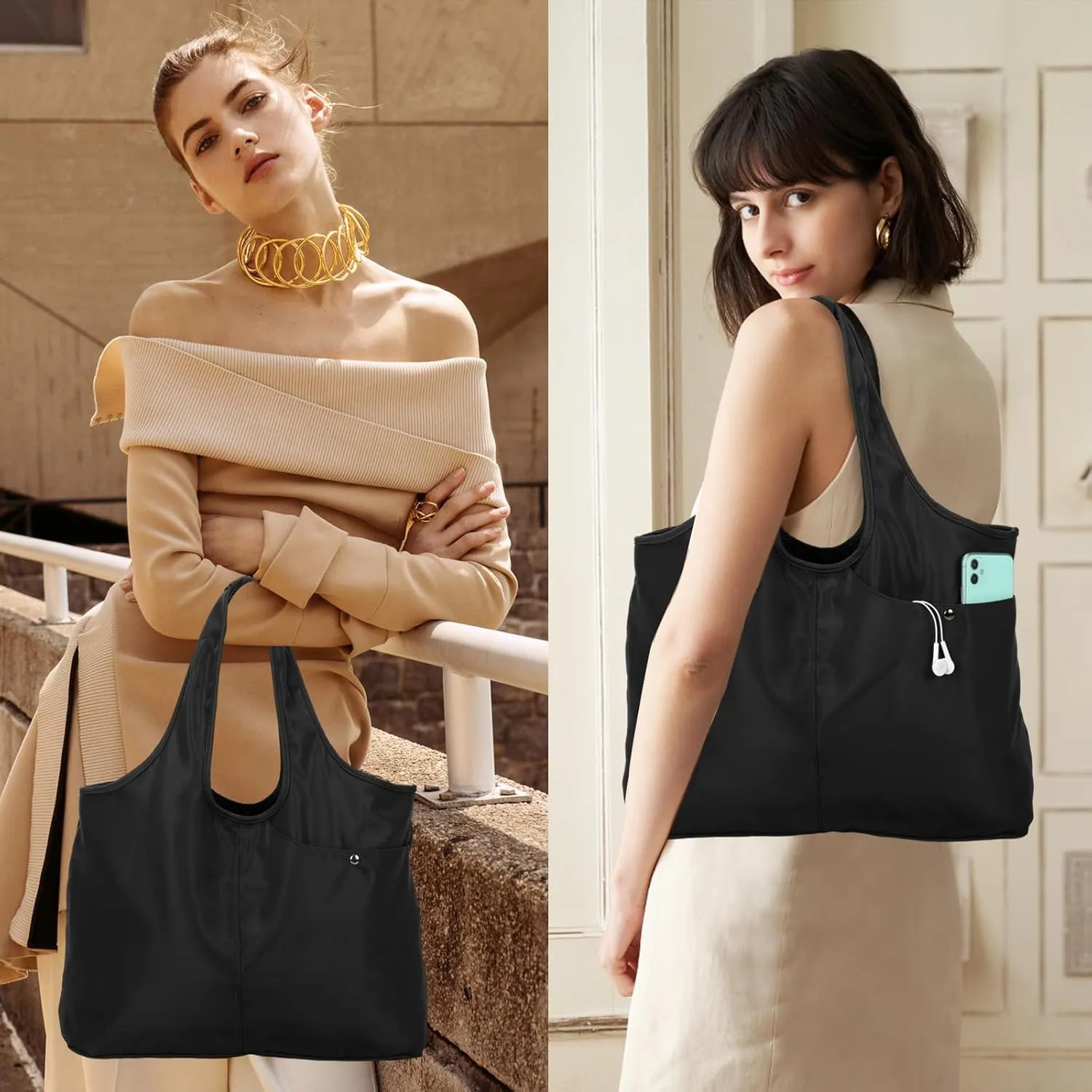 Barsine Tote Bag for Women Men, Lightweight Nylon Shoulder Handbag, Waterproof Tote Purse for Travel Gym