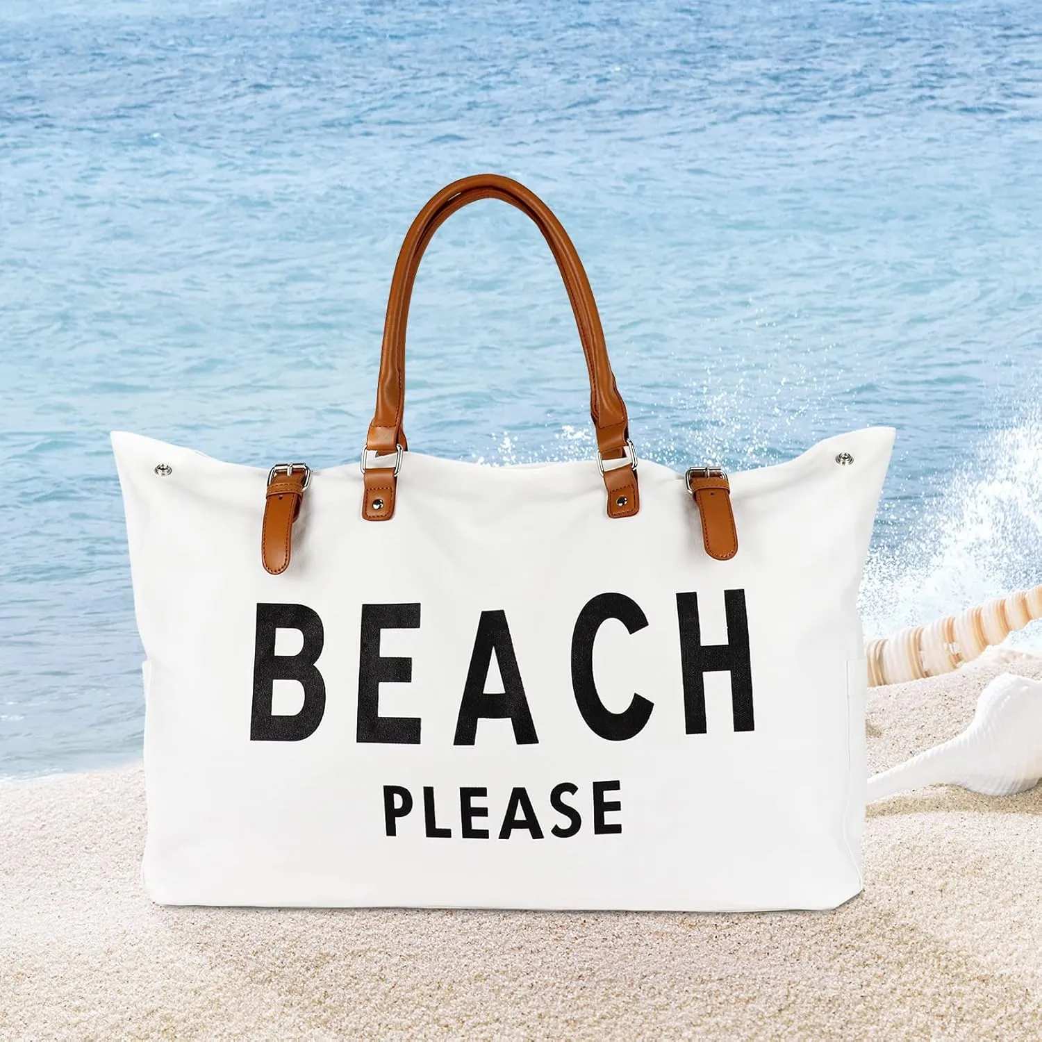 Beach Bag with Vegan Leather Handle, Extra Large Beach Bag for Women Waterproof Sandproof, White