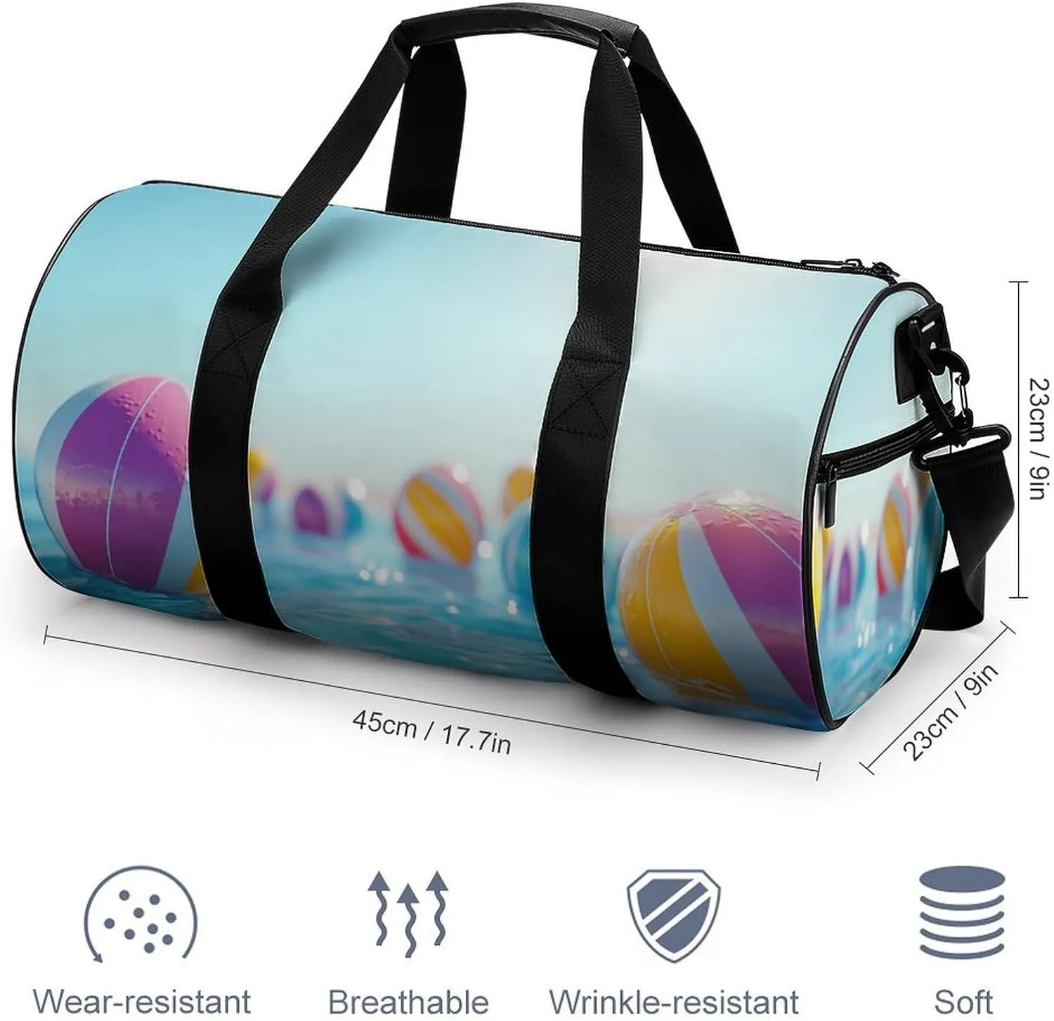 Beach Balls Floating on Blue Sea Travel Gym Bag for Women Men Modern Simple Cylindrical Duffle Bag Sport Workout Bag with Shoulder Strap