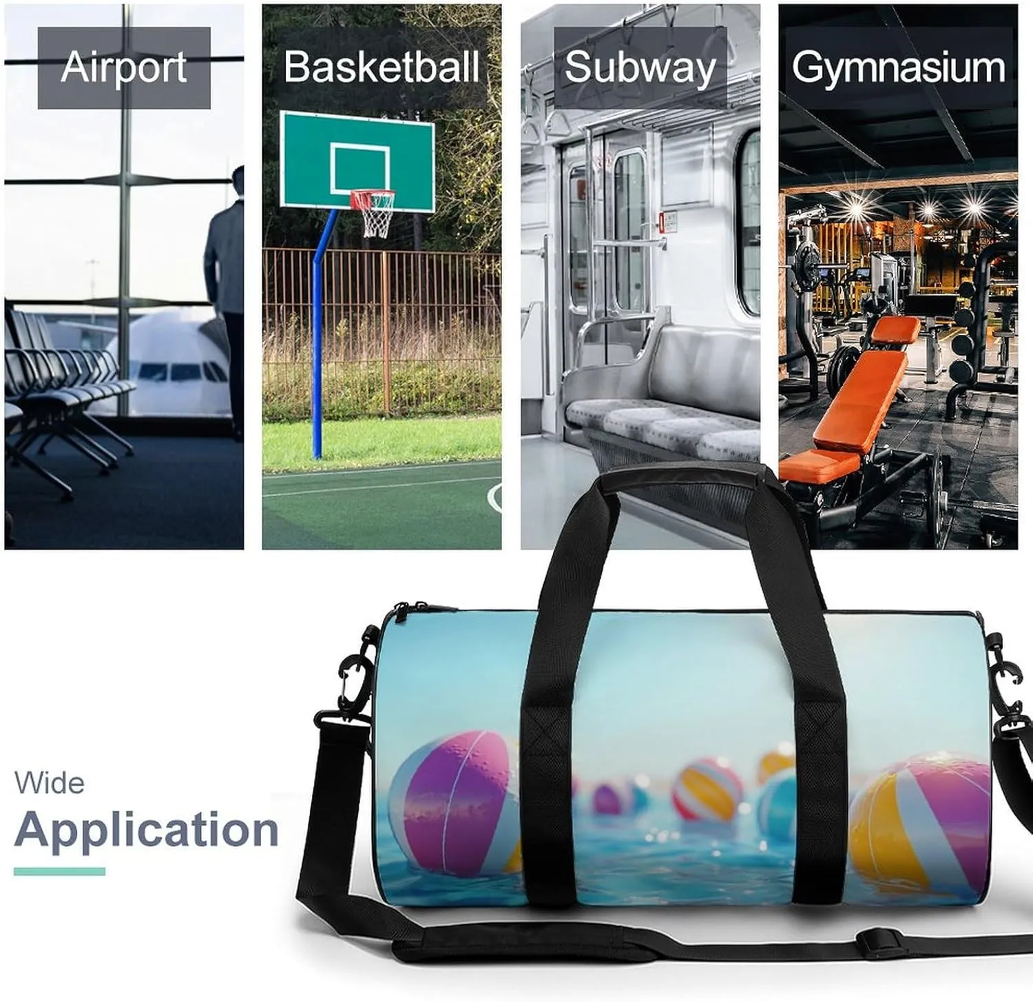 Beach Balls Floating on Blue Sea Travel Gym Bag for Women Men Modern Simple Cylindrical Duffle Bag Sport Workout Bag with Shoulder Strap