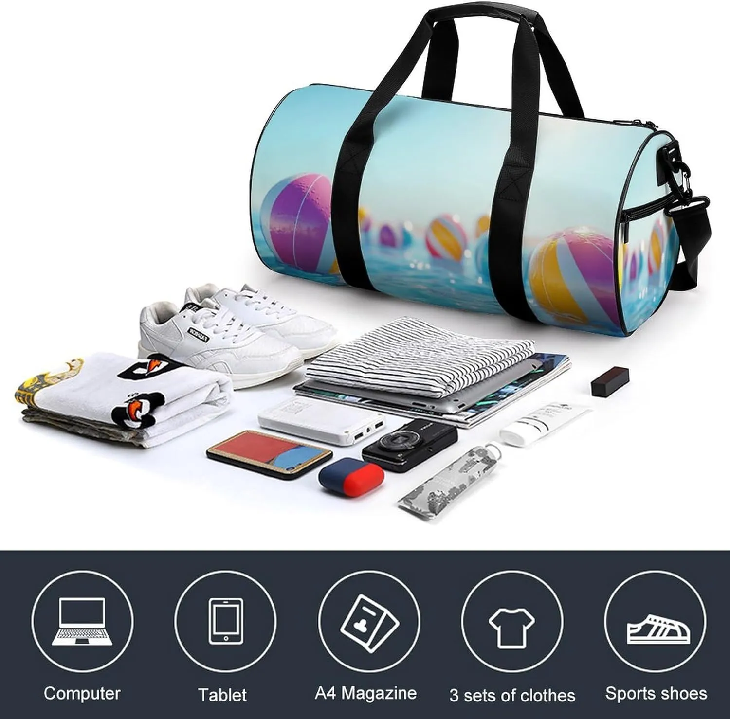 Beach Balls Floating on Blue Sea Travel Gym Bag for Women Men Modern Simple Cylindrical Duffle Bag Sport Workout Bag with Shoulder Strap