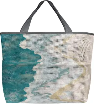 Beach Coastal Beach Tote Bag for Women, Summer Nautical Boho Teal Beige Abstract Art Mesh Beach Bags Waterproof Sandproof, Outdoor Picnic Swim Pool Handbag - Large Beach Bag with Zipper and Pockets